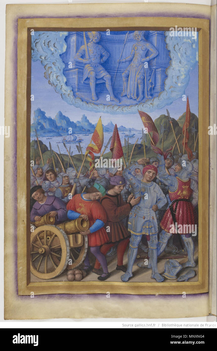 . English: The French army is preparing for war, under the auspices of Mars and Minerva. The Banners, and the tunics of three soldiers, have a crowned porcupine. In the distance, the French fleet pass off the rocky coast of Liguria. Français : L'armйe franзaise s'apprкte pour le combat, sous l'йgide de Mars et Minerve. Les йtendards, ainsi que les tuniques de deux soldats, sont frappйs du porc-йpic. Au loin, la flotte des Franзais passe au large de la cфte rocheuse de Ligurie. between 1510 and 1520.   Jean Bourdichon  (1457–1521)    Alternative names Jehan Bourdichon; Bourdichon  Description F Stock Photo