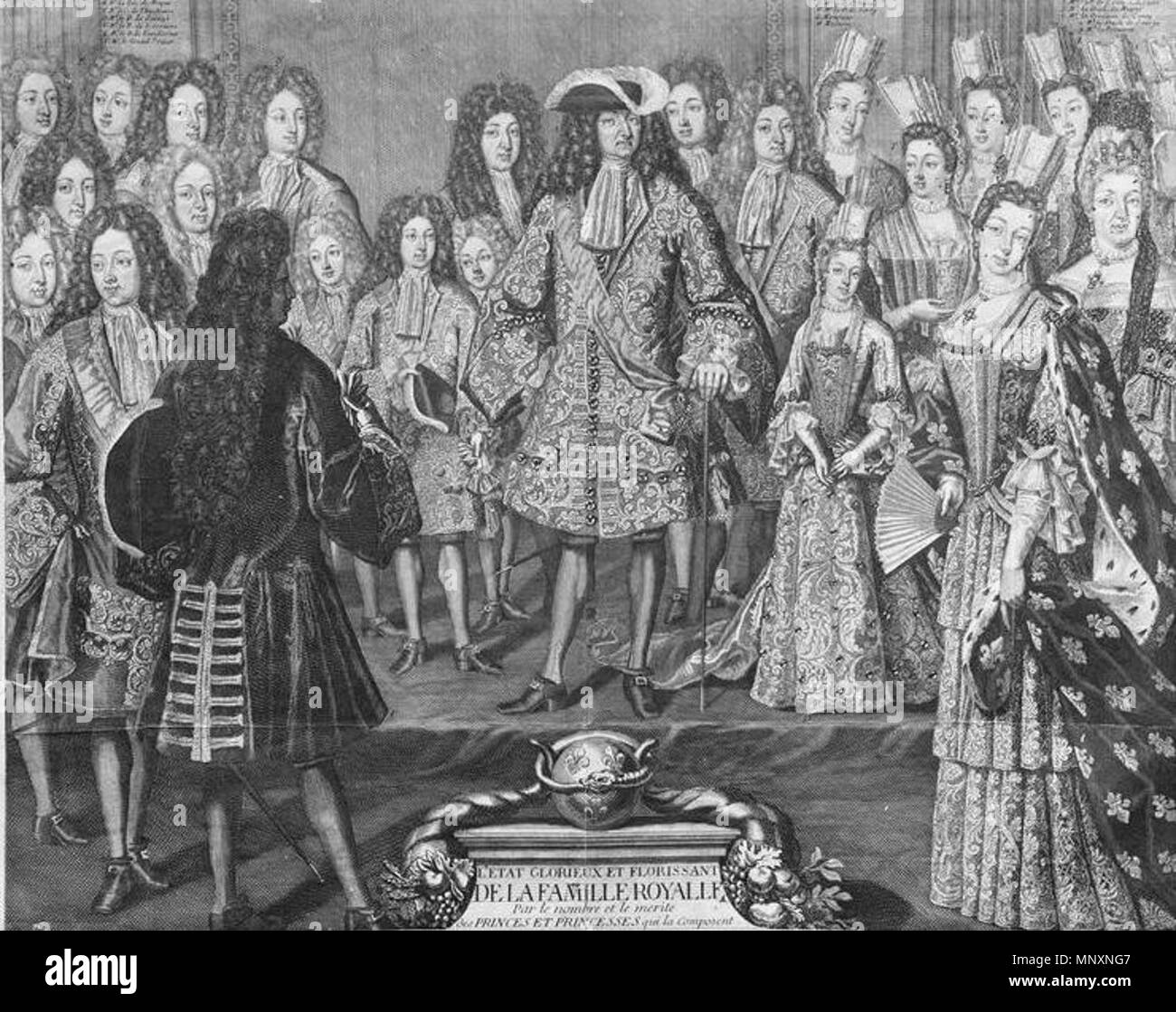 English: The French royal family in 1698, engraving in the Almanach royal for the year 1699 . 1698. Anonymous 1174 The French Royal Family in 1698