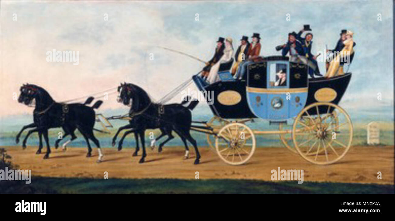 . 'The London to Birmingham Stage Coach', 1801 Oil painting by John Cordrey (active 1799-1822), showing a stage coach with a full complement of pasengers including a wedding party. The coach was made by William Thomas & Co, and is plying a route between London and Birmingham with stops at Coventry and Dunchurch, Warwickshire. A milestone on the right shows that the coach is eight miles from London. Cordrey specialised in painting the network of coach services and improved road travel in the 19th century which provided healthy competition to the early railways. 1801. John Cordrey 1176 The Londo Stock Photo