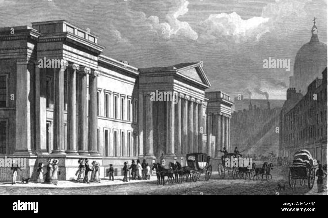 . The 19th century headquarters of the General Post Office in St Martins-le-Grand in the City of London. Antique steel engraved print by Thomas Hosmer Shepherd (1793 to 1864) who was employed by Frederick Crace for a series of drawings of London. Many of the engravings include figures, carriages or boats . Originally produced for Shepherd's 'Metropolitan Improvements; or London in the Nineteenth Century' (1826 to 1827). (A present day view of the same location) . late 1820s.. Thomas Shepherd 1179 The Post Office in St Martin le Grand by Thomas Shepherd (late 1820s) Stock Photo