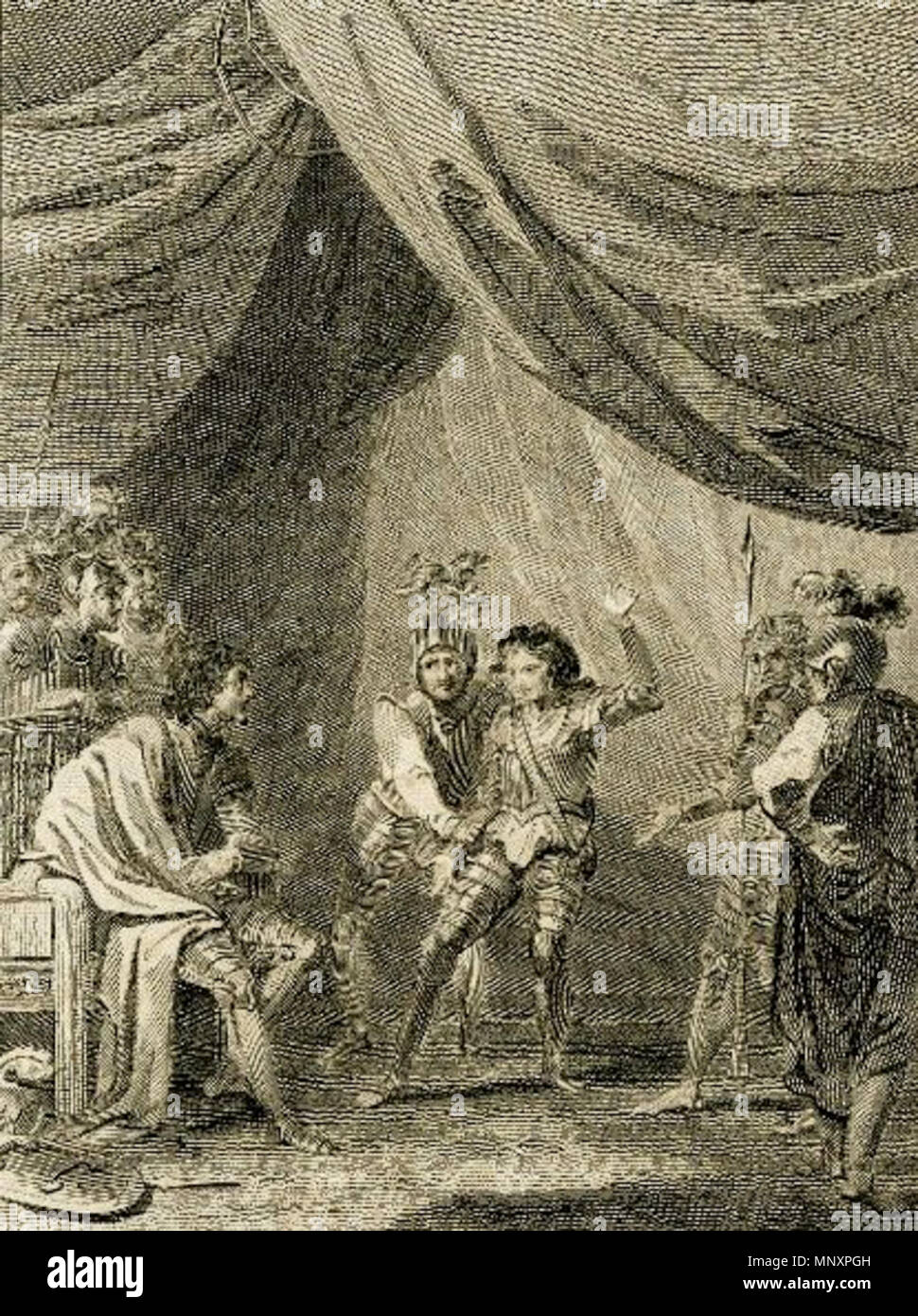 . English: Edward IV seated at left in a tent, the prince dragged before him by a guard. 1811. after Robert Smirke 1179 The Prince of Wales brought before Edward IV Stock Photo