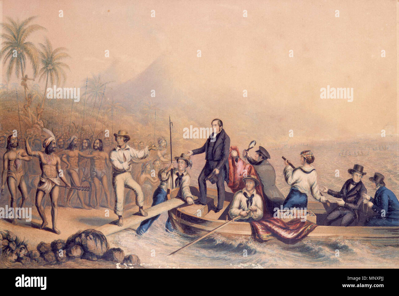 . English: The Reception of the Rev. J. Williams, at Tanna, in the South Seas, the Day Before He Was Massacred. The palm-fringed shore of Tanna island with a mountain beyond, in the colonial New Hebrides. Rev. John Williams is stepping ashore from a rowboat with other Europeans, towards a crowd of Vanuatuans in 1839. Published by G. Baxter, 1841. 1 oil(s) Oil print, coloured 213 x 317 mm. Single art work. Reference Number: B-088-003.  . 1841.   George Baxter  (1804–1867)     Description British artist and printer  Date of birth/death 1804 1867  Location of birth/death Lewes, Sussex, England, U Stock Photo