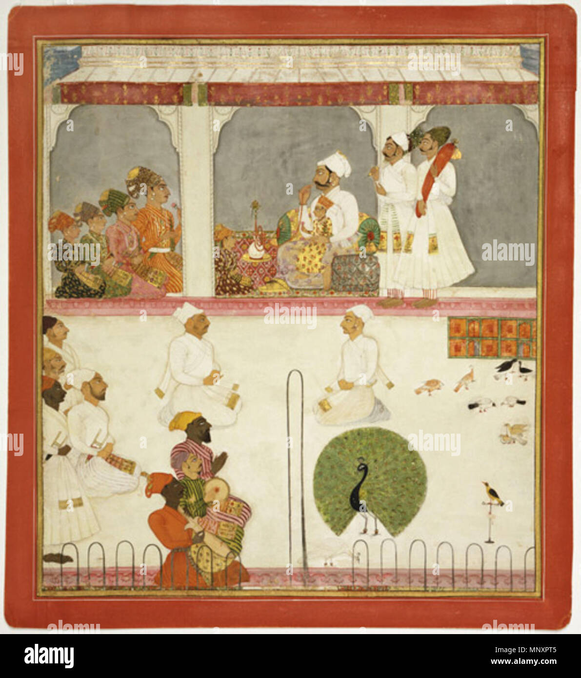 . English: The Six Sons of Maharaja Ajit Singh of Jodhpur on a Visit Made in Jodhpur, Mewar, Rajasthan, India 1720 Artist/maker unknown, India Opaque watercolor and gold on paper 15 3/8 x 14 inches (39.1 x 35.6 cm) Currently not on view 2004-149-47 Alvin O. Bellak Collection, 2004 Label Four young men and two toddlers sit on a terrace with an older man. They are the six sons of Maharaja Ajit Singh, ruler of Jodhpur (reigned 1707–24). The older man is probably the maharaja himself, who was murdered by his two eldest sons when they seized the throne of Marwar only a few years after this painting Stock Photo