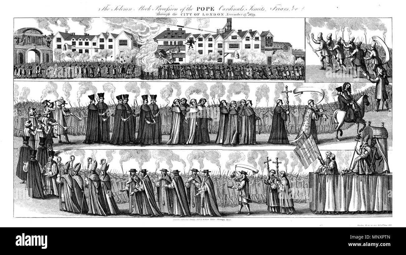English: The Solemn Mock Procession of the Pope, Cardinals, Jesuits, Friars, &c. through the City of London, November, 17th, 1679. .  English: A 19th-century copy of a 17th-century engraved broadside on the Popish Plot showing a Whig mock procession held in London on 17 November 1680 during the height of the Exclusion Crisis. An Exclusion Bill was introduced in the House of Commons with the aim of excluding James, Duke of York, the brother and heir presumptive of Charles II of England from the thrones of England, Scotland and Ireland because he was Roman Catholic. The Tories opposed exclusion  Stock Photo