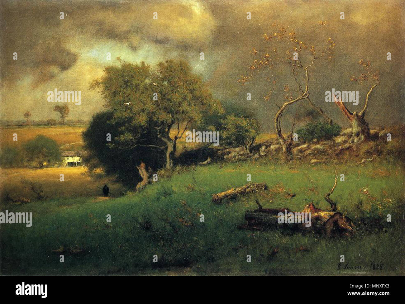 .  English: 'The Storm,' oil on canvas, by the American painter George Inness. Courtesy of Reynolda House Museum of American Art, Winston-Salem, North Carolina, reynoldahouse.org . 1885.    George Inness  (1825–1894)     Description American painter  Date of birth/death 1 May 1825 3 August 1894  Location of birth/death Newburgh (New York) Bridge of Allan (Scotland)  Work location New York, Medfield (Massachusetts), Eagleswood (New Jersey), Montclair (New Jersey), France  Authority control  : Q704868 VIAF: 35252496 ISNI: 0000 0000 8218 6021 ULAN: 500013380 LCCN: n79007221 NLA: 35222477 WorldCat Stock Photo