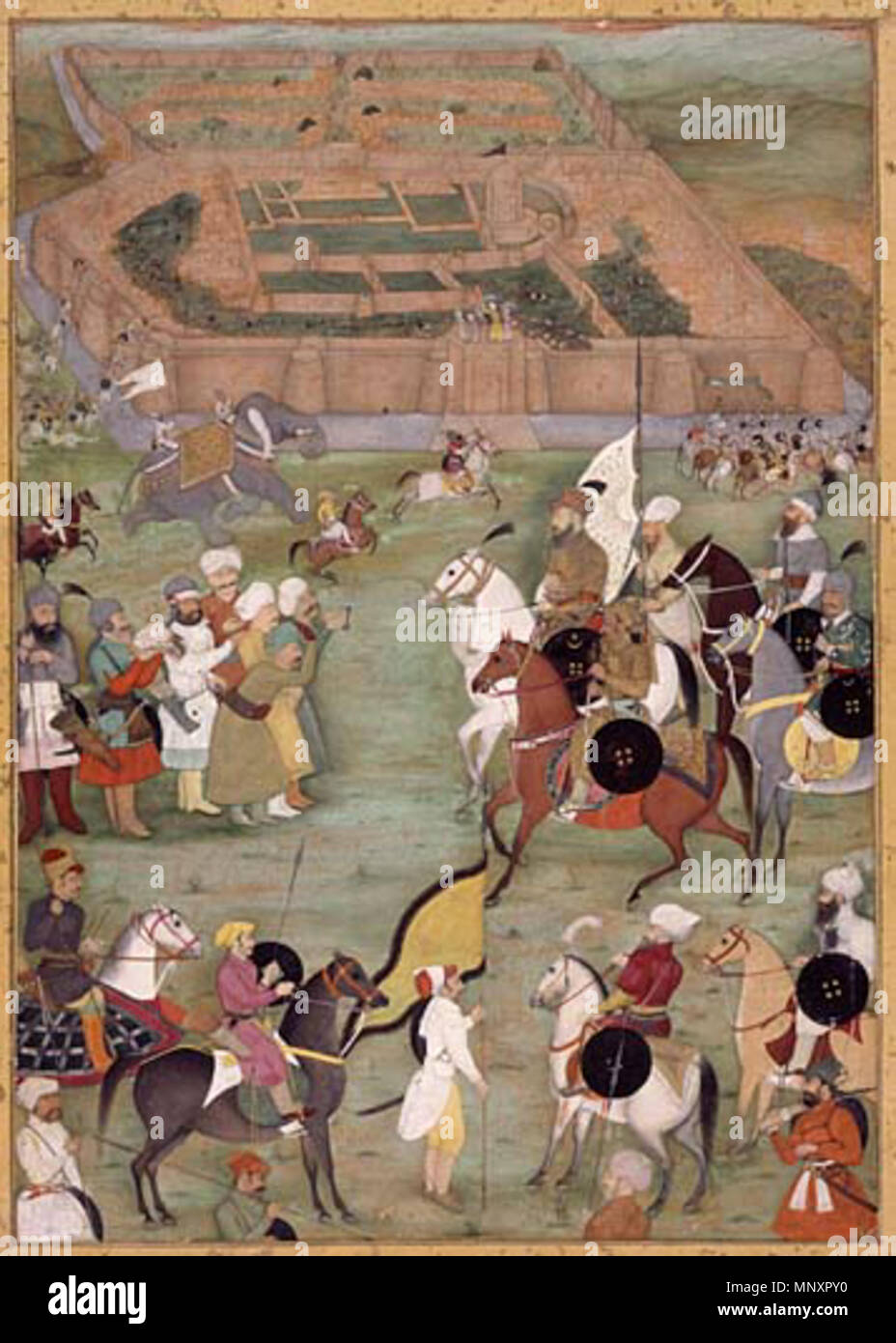 The Surrender of Kandahar .  This miniature depicts the surrender of the Persians (on the left) handing over the keys to the city to Kilij Khan whose haughty silhouette appears on the right, mounted on a white steed and wearing a black-plumed turban. The panoramic tableau - heightened by the plunging view over the city that creates an open-air atmosphere - is uncommon in Mughal painting. The painting is typical of the finest productions from the imperial workshop around 1640. The composition includes separate, symmetrical registers, skilfully rendered in a subdued vein. The upper background of Stock Photo