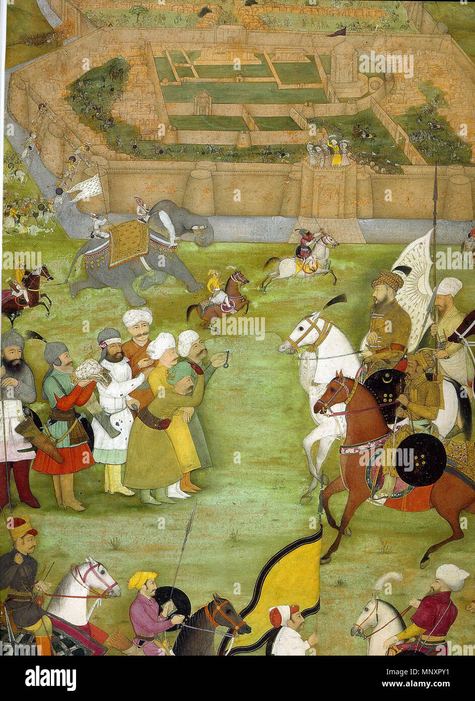. A Mughal miniature from the Padshahnama depicting the surrender of the Safavid Persian garrison of Kandahar in 1638 to the Mughal army of Shah Jahan commanded by Kilij Khan . circa 1640s. Unknown 1181 The Surrender of Kandahar Stock Photo