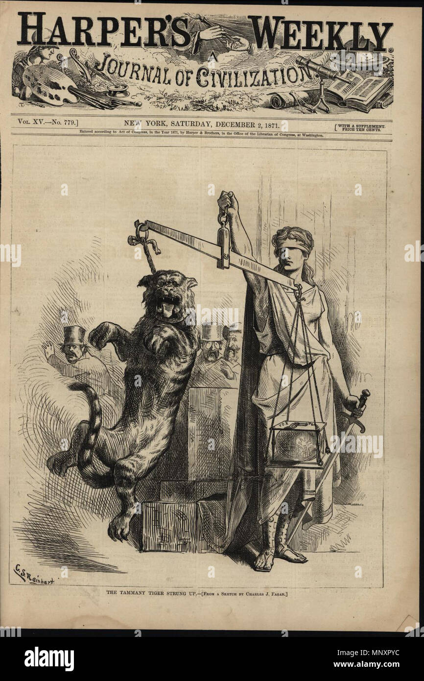. English: “The Tammany Tiger Strung Up,” by Charles Stanley Reinhart after Charles J. Fagan. Front cover of Harper’s Weekly Vol. 15, p. 779, December 2, 1871. American Antiquarian Society, Worcester, Massachusetts. 2 December 1871.   Charles Stanley Reinhart  (1844–1896)     Alternative names Charles S. Reinhardt; C. S. Reinhart  Description American illustrator and painter  Date of birth/death 16 May 1844 30 August 1896  Location of birth/death Pittsburgh Valdepeñas  Authority control  : Q5082638 VIAF: 66314667 ISNI: 0000 0000 6708 0747 ULAN: 500085278 LCCN: nr89013370 RKD: 96839 WorldCat    Stock Photo