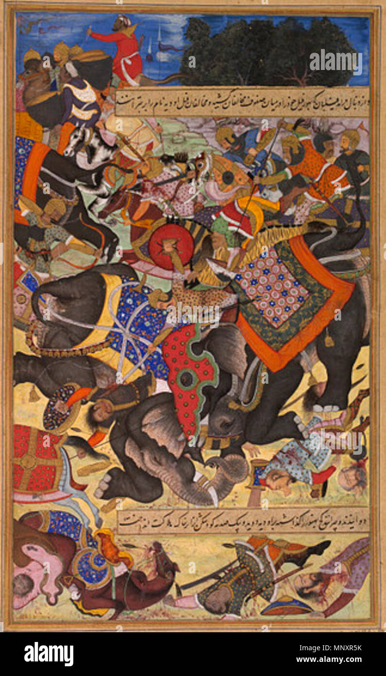 The War Elephants Citranand and Udiya Collide in Battle .  This painting from the Akbarnama (Book of Akbar) is the left half of a double-page composition. The other side is Museum no. IS.2: 63-1896. It depicts the elephant Citranand attacking another, called Udiya, during the Mughal campaign against the rebel forces of Khan Zaman and Bahadur Khan in 1567. The Akbarnama was commissioned by the Mughal emperor Akbar (r.1556–1605) as the official chronicle of his reign. It was written in Persian by his court historian and biographer, Abu’l Fazl, between 1590 and 1596, and the V&A’s partial copy of Stock Photo