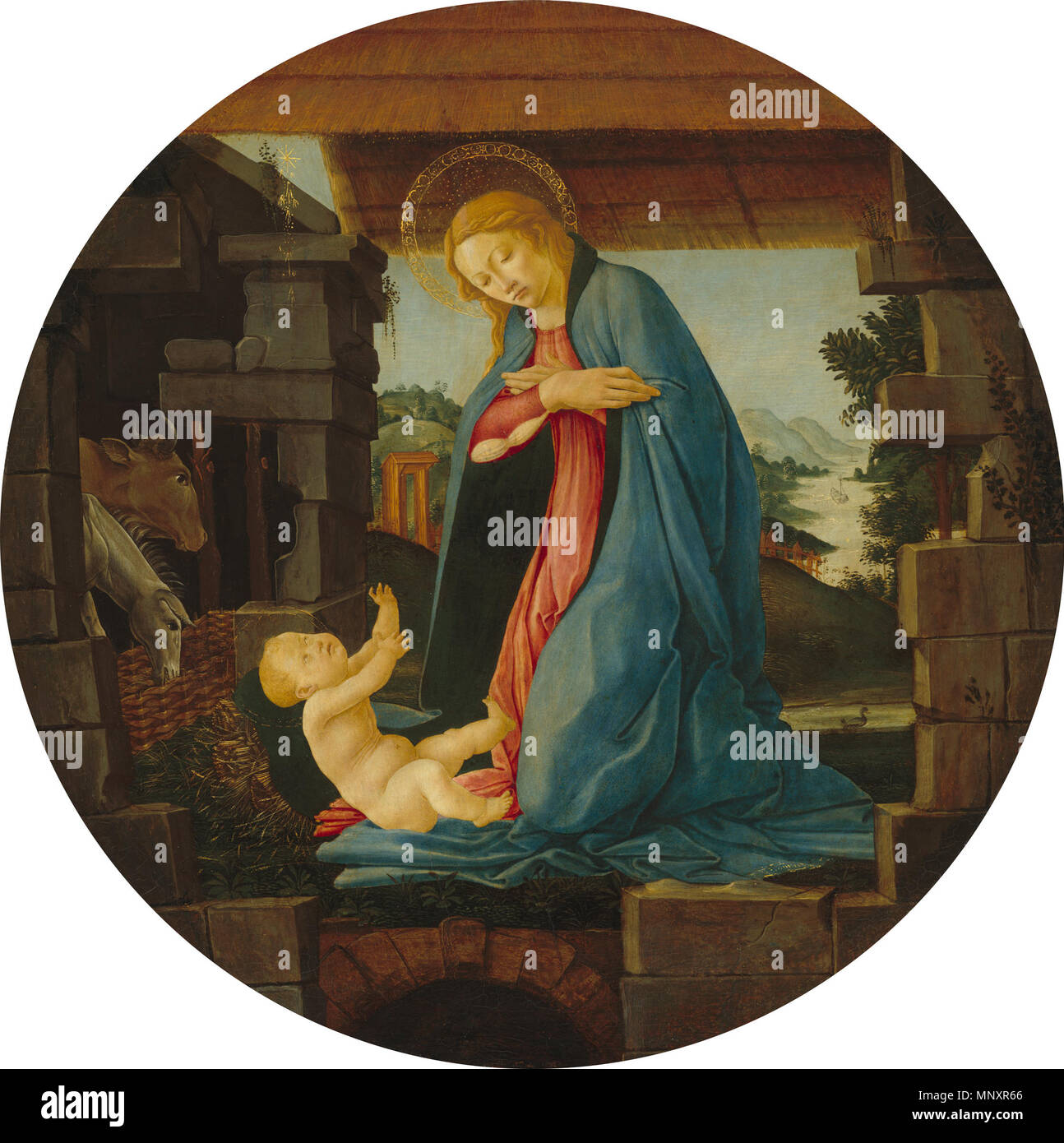 Painting; tempera on poplar panel; overall (diameter): 58.9 cm (23 3/16 in.) framed: 82.2 x 6.4 cm (32 3/8 x 2 1/2 in.);    English: The Virgin Adoring the Child   circa 1490.   1182 The Virgin Adoring the Child c1490 Sandro Botticelli Stock Photo