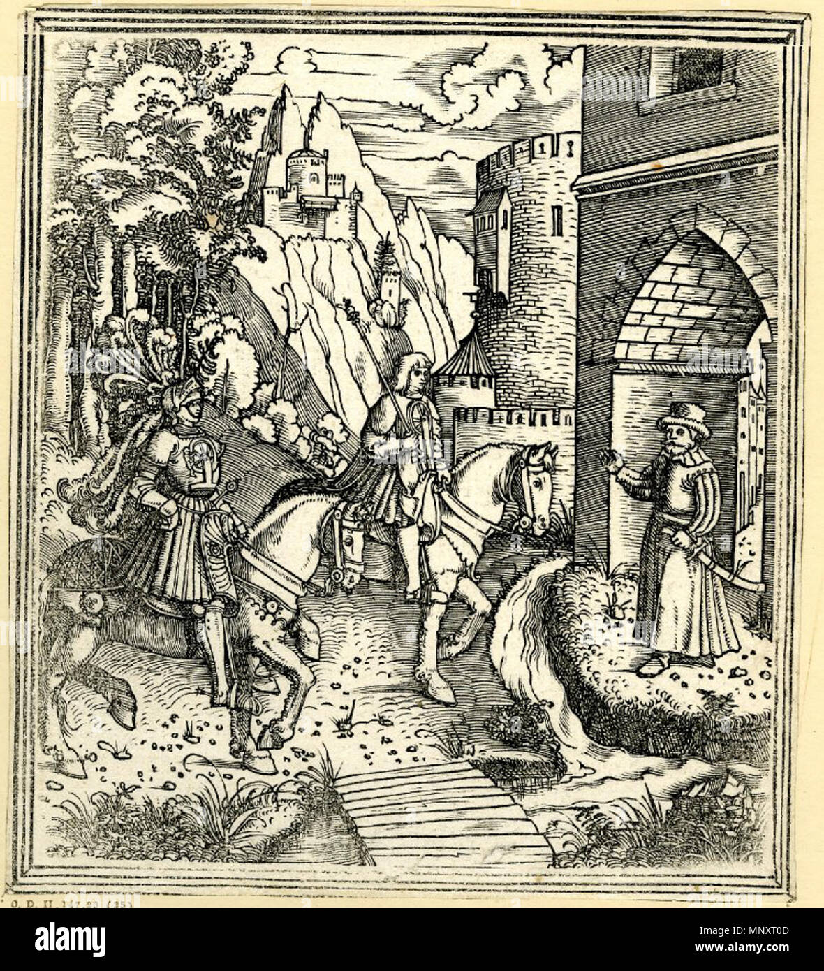 . English: Theuerdank and Ernhold meeting Unfalo; Theuerdank and Ernhold on horseback at left, arriving at a city gate underneath which Unfalo is standing at right; landscape background. Illustration to Melchior Pfinzing, 'Theuerdank'. Woodcut . between 1511 and 1517. Hans Weiditz 1186 Theuerdank 25 Stock Photo