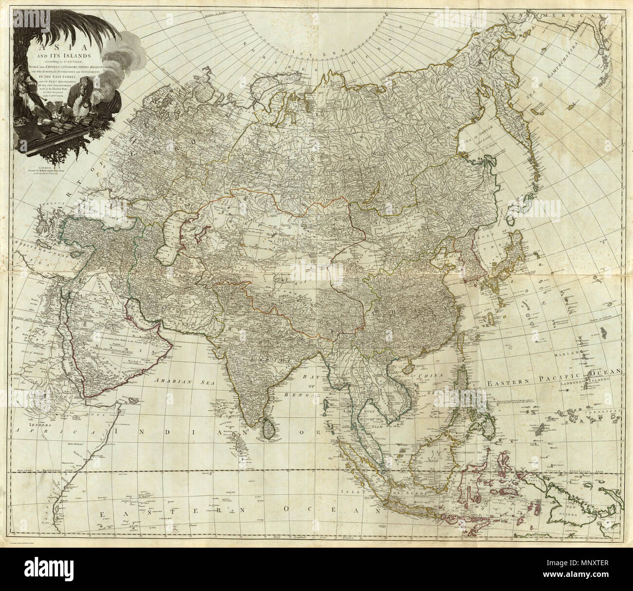 . English: (Composite of) Asia and its islands according to d'Anville; divided into empires, kingdoms, states, regions, &ca. with the European possessions and settlements in the East Indies and an exact delineation of all the discoveries made in the eastern parts by the English under Captn. Cook. (By Thomas Kitchin). London, printed for Robert Sayer, Fleet Street as the Act directs, 6 Jany. 1787 . 1787.   Thomas Kitchin  (1719–1784)    Description British cartographer and engraver  Date of birth/death 1718 1784  Location of birth/death United Kingdom United Kingdom  Authority control  : Q36880 Stock Photo