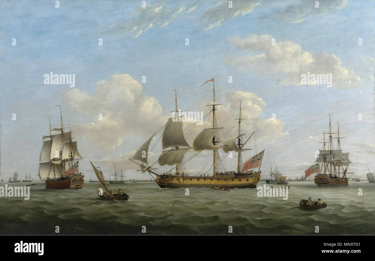 1189 Thomas Luny - Men-of-War HMS ‚Maria Anna‘, ‚Earl of Chatham‘ and ‚Achilles‘ off a coastal town Stock Photo