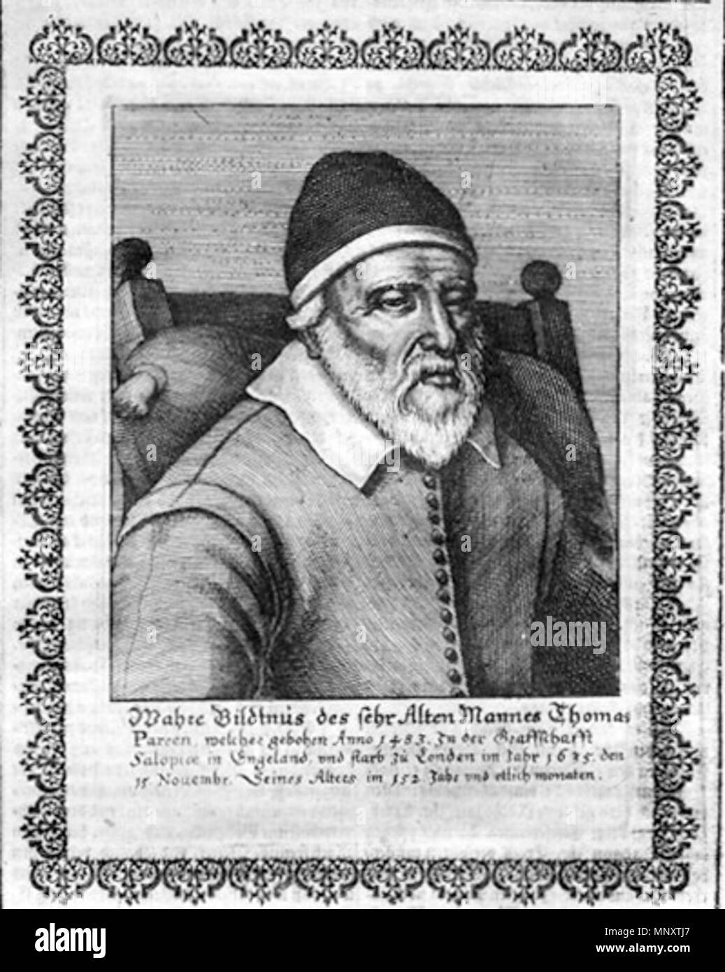 . Deutsch: Thomas Parr aus England, einer der ältesten Menschen die es gab. 1635. Matthäus Merian (+1650) 1189 Thomas Parr JS Stock Photo