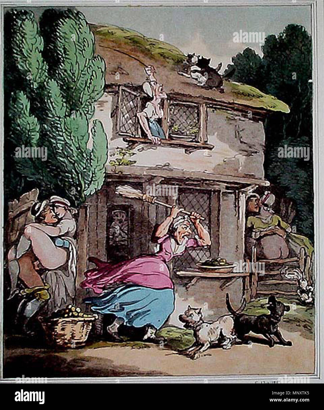 While two couples sport in secret, two angry women chase away animals mating  . Thomas Rowlandson (1756–1827) Description English painter, draughtsman,  etcher and illustrator Date of birth/death 14 July 1756 22