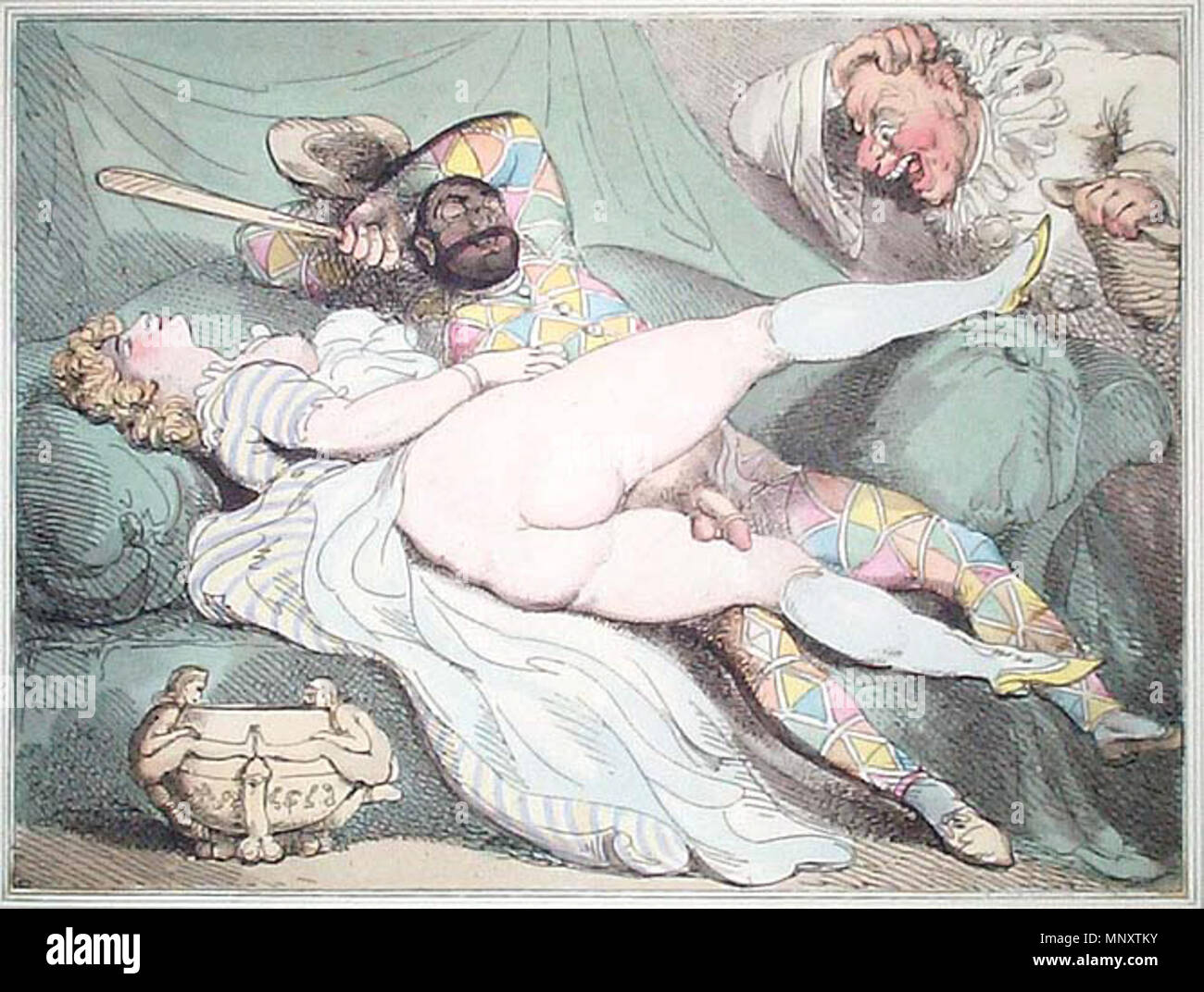 . A man discovers his wife in congress with a Harlequin. The clown prepares to hit him with a club. .   Thomas Rowlandson  (1756–1827)      Description English painter, draughtsman, etcher and illustrator  Date of birth/death 14 July 1756 22 April 1827  Location of birth/death London London  Work location London, Paris (1774), France, Germany, Italy, Rotterdam (ca. 1794), Amsterdam (ca. 1794), Netherlands (ca. 1794)  Authority control  : Q318584 VIAF: 56672964 ISNI: 0000 0001 2134 1830 ULAN: 500006930 LCCN: n50022330 NLA: 35465846 WorldCat 1189 Thomas Rowlandson (34) Stock Photo