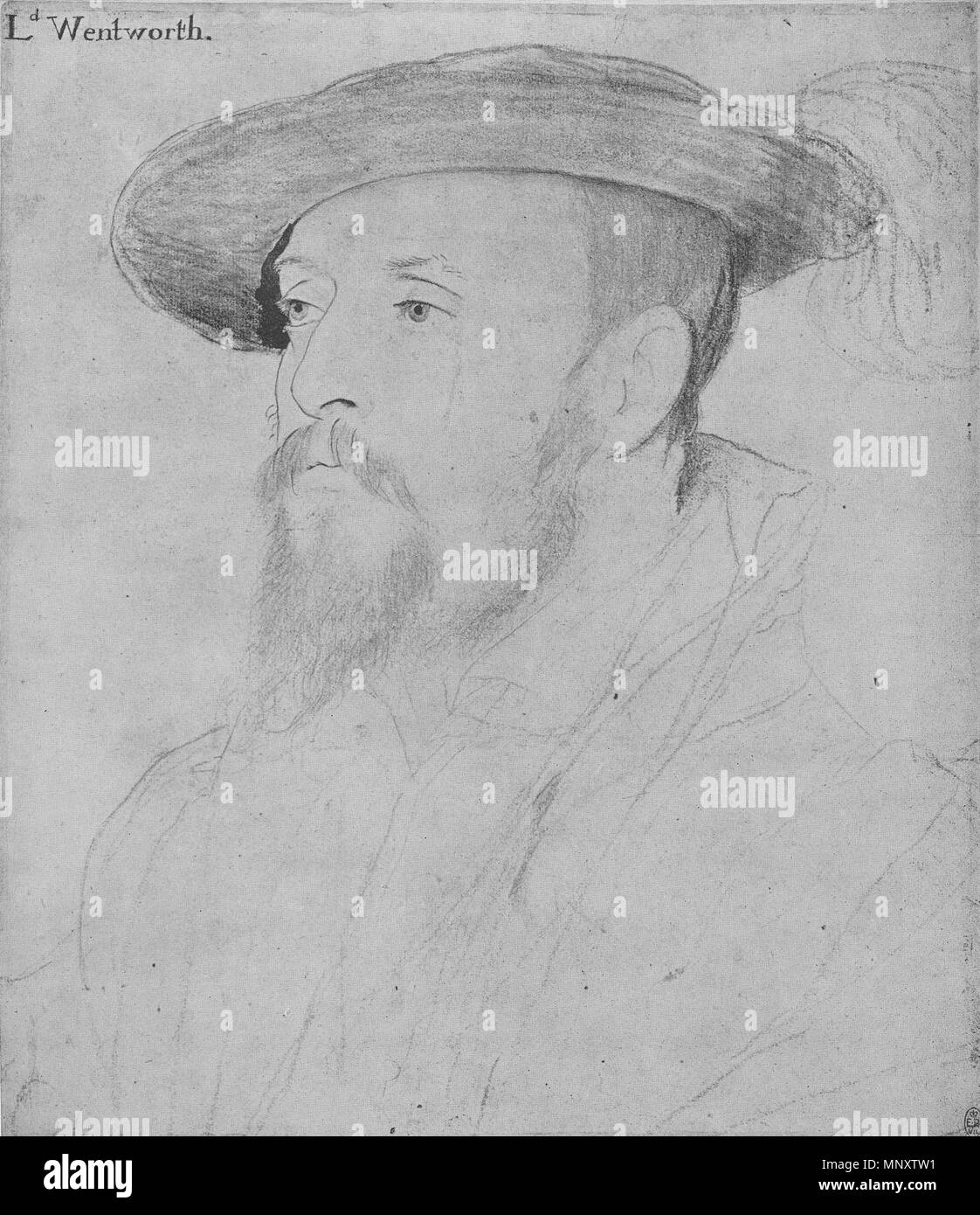 . English: Portrait of Thomas, Baron Wentworth. Black and coloured chalks, pen and brush and Indian ink, metalpoint, on pink-primed paper, 31.8 × 21.2 cm, Royal Collection, Windsor Castle. The drawing has been very much damaged and does not contain Holbein's trademark left-handed shading (Parker, p. 57). Thomas Wentworth, 1st Baron Wentworth (c. 1501–1551), was raised to the peerage in 1529. He supported the royal divorce and attended Henry VIII in Boulogne in 1532. Under Edward VI, Wentworth became a member of the Privy Council and Lord Chamberlain. 1532–43.   Hans Holbein  (1497/1498–1543)   Stock Photo
