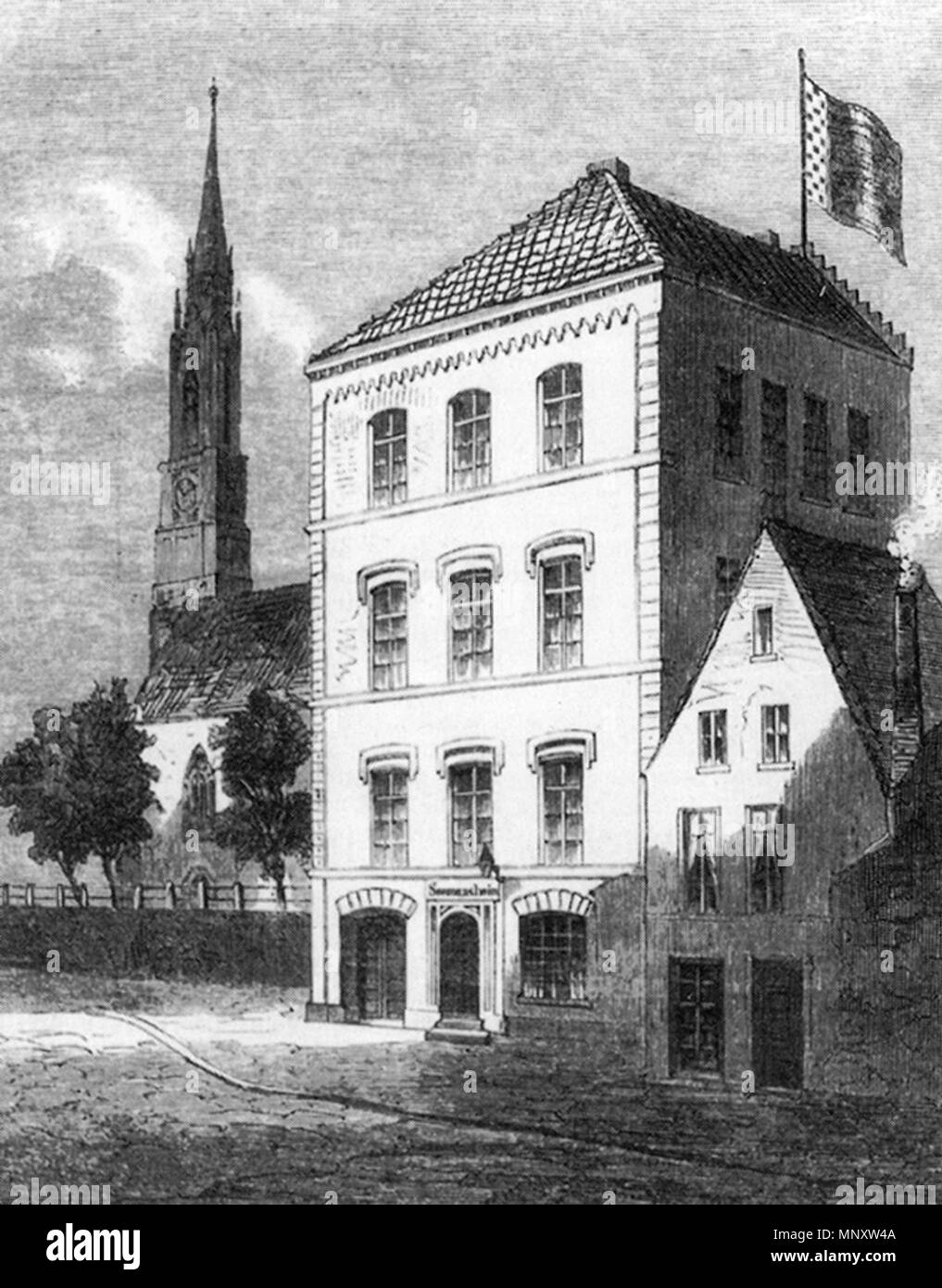 . English: Wood engraving of the former Seefahrtschule (“navigation school”) in Bremen, Germany, in the street Auf der Wichelnburg. In the background the St. Stephani church. Deutsch: Holzstich der ehemaligen Seefahrtschule in Bremen Auf der Wichelnburg. Im Hintergrund die St.-Stephani-Kirche. 1859. Unknown 1109 Seefahrtschule - Bremen - 1859 Stock Photo