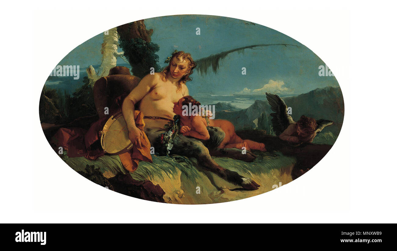 . Italiano: Artist: Giovanni Battista Tiepolo (Italian, 1696-1770) Title: Female Satyr with Tambourine, Child and a Putto Date: c. 1740-42 Medium: Oil on canvas, oval (one of a pair) Dimensions: 23-5/8 x 37-3/4 in. (60.0 x 95.9 cm) Credit Line: Norton Simon Art Foundation Accession Number: M.1980.06.2.P . 20 August 2016.   Giovanni Battista Tiepolo  (1696–1770)      Alternative names Gianbattista, Giambattista Tiepolo  Description Italian painter and engraver  Date of birth/death 5 March 1696 27 March 1770  Location of birth/death Venice Madrid  Work location Udine, Venice, Veneto, Würzburg, M Stock Photo