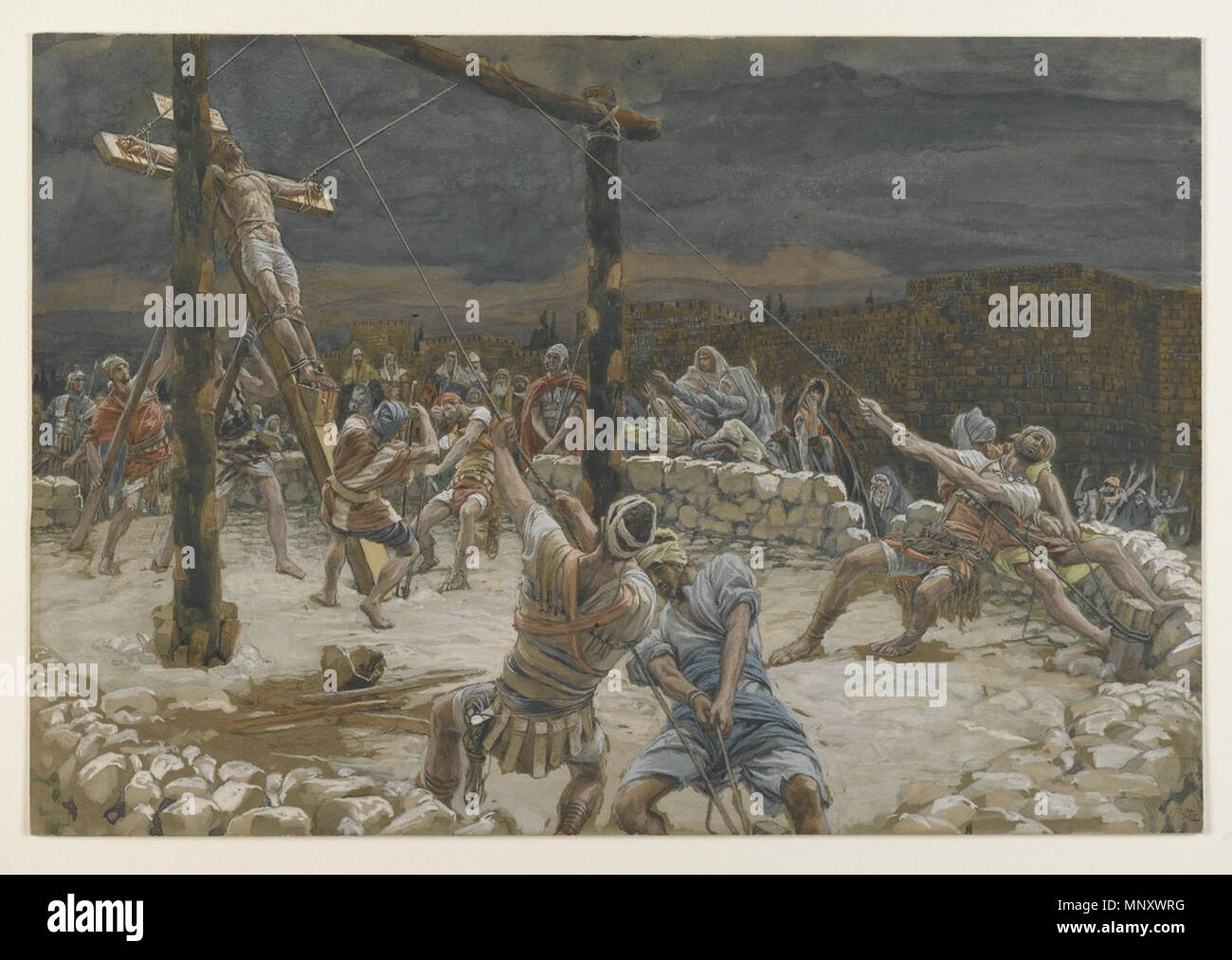 .  English: The raising of the cross from the series The Life of Christ by James Tissot, Brooklyn Museum . 1894. artwork: James Tissot 1195 TissotRaisingCroos Stock Photo