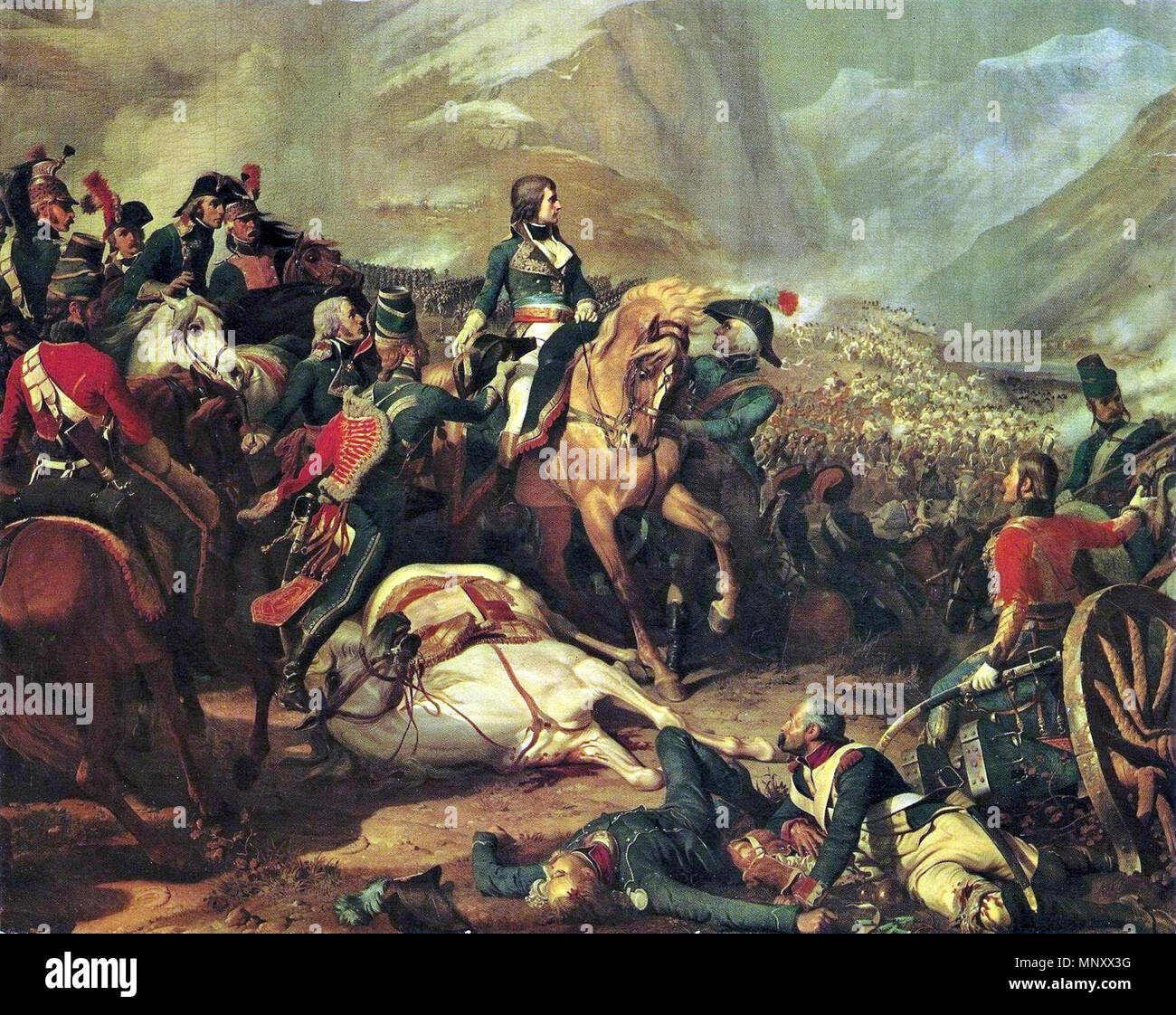 English: Napoleon at the Battle of Rivoli (January 14, 1797) by Félix Philipoteaux. Français : Bataille gagnée par le Général Bonaparte le 14 Janvier 1797. Victoire de Bonaparte et de Massena sur les Autrichiens en Vénétie, sur l'Adige. Cette victoire fut suivie peu après de la capitulation de Mantoue. Italiano: Napoleone nella battaglia di Rivoli (14 gennaio 1797) in un dipinto di Félix Philipoteaux.   1845.   983 Philippoteaux Felix - Bonaparte a la bataille de Rivoli Stock Photo