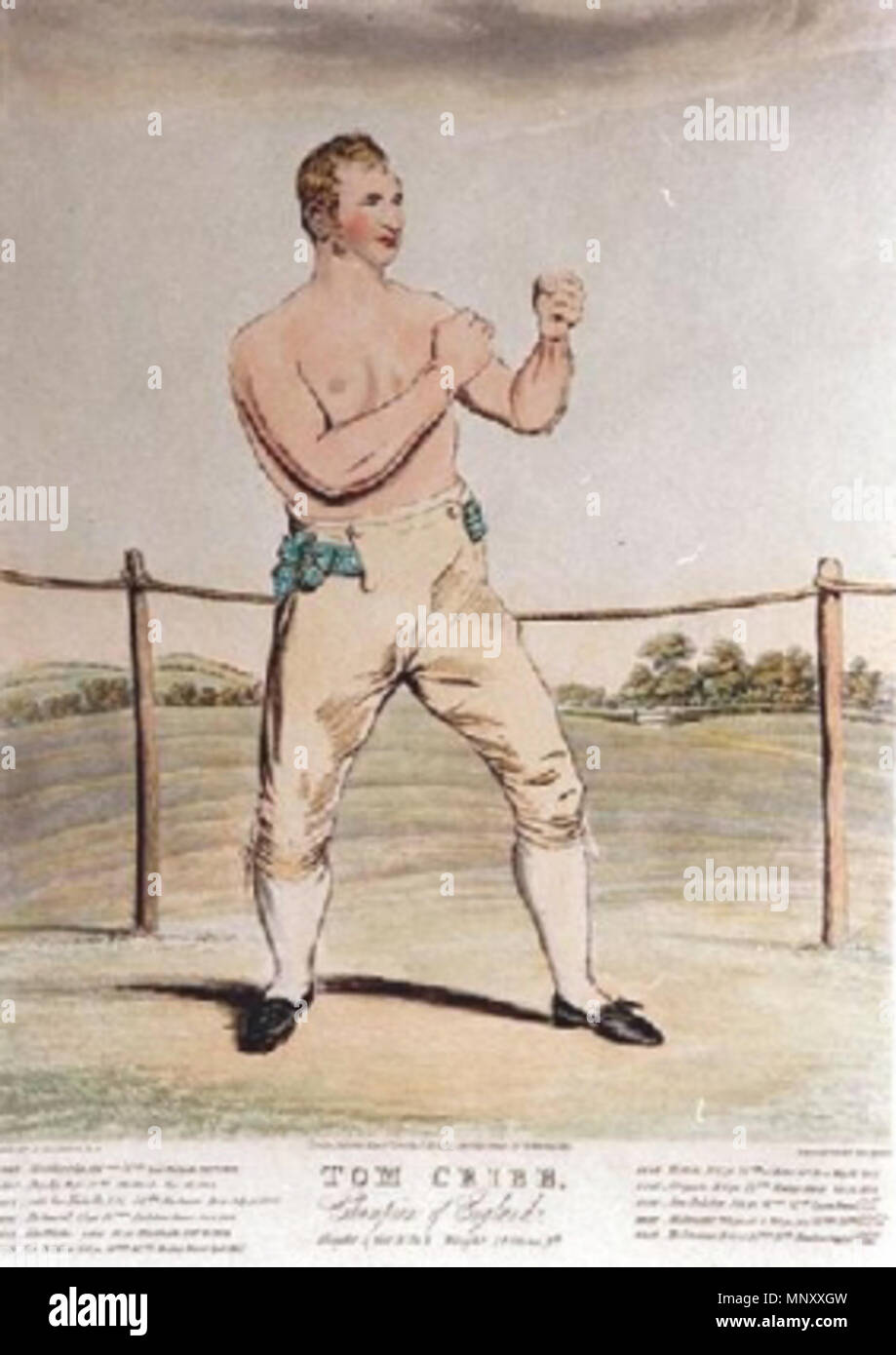 . English: Tinted etching of the boxer en:Tom Cribb. Drawn by J. Jackson, R.A. Engraved by Geo. Hunt. London. Published May 10th 1842 by J. Moore Public domain by virtue of age . 1842. J. Jackson, R.A. 1198 Tom Cribb etching Stock Photo