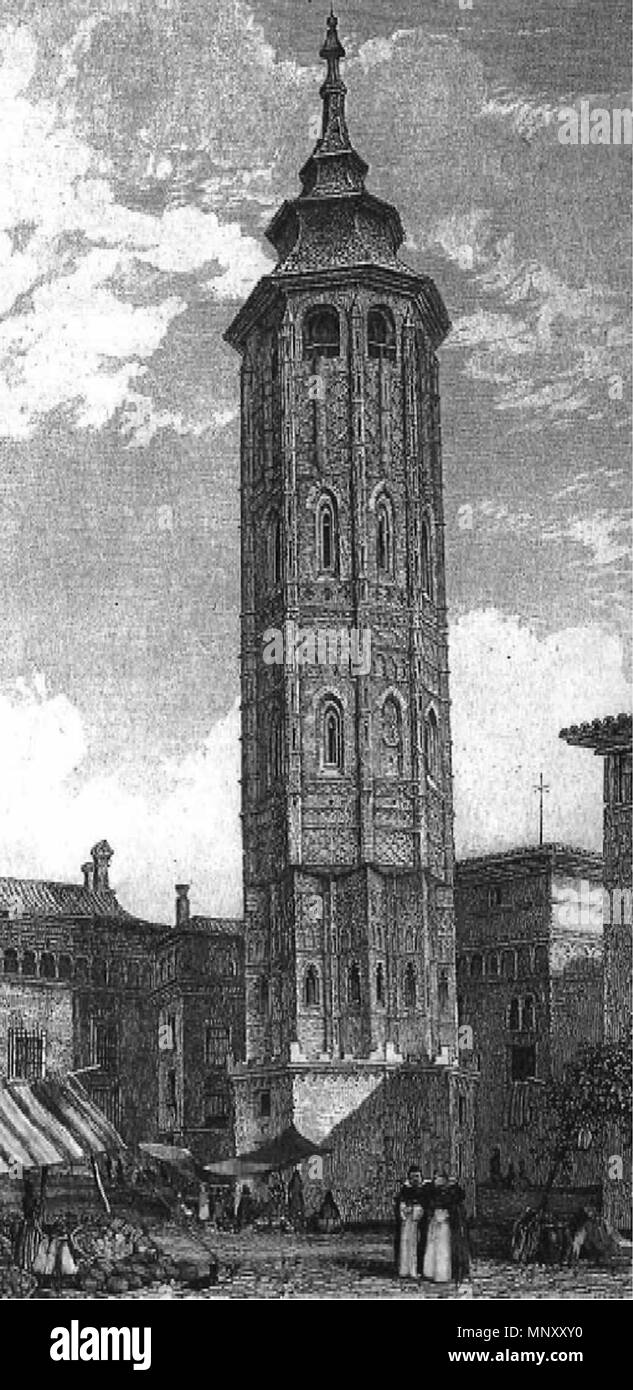. 'English: The Leaning Tower of Saragoza. Engraving drawn by J. F. Lewis, engraved by E. Finden. 1833 Español: La Torre Inclinada de Zaragoza, grabado h. 1833. J. F. Lewis (pintor), E. Finden (grabador). circa 1833. Drawn by J. F. Lewis, engraved by   Edward Francis Finden  (1791–1857)    Alternative names Edward Finden  Description English engraver  Date of birth/death 30 April 1791 9 February 1857  Location of birth/death London St John's Wood, City of Westminster, London  Work location London  Authority control  : Q5342983 VIAF: 69203697 ISNI: 0000 0000 8149 2991 ULAN: 500077918 LCCN: n879 Stock Photo