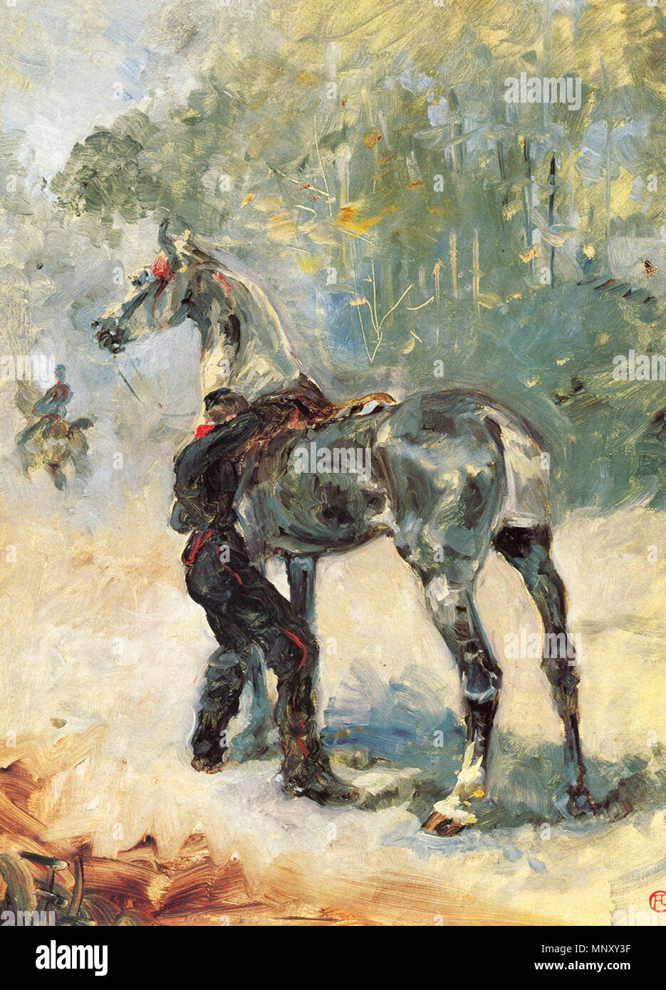 .  English: Henri de Toulouse-Lautrec, Artilleryman saddling his horse Русский: Анри де Тулуз-Лотрек 'Артиллерист, седлающий коня' . 1879.   1201 Toulouse-Lautrec PICT0001 Stock Photo