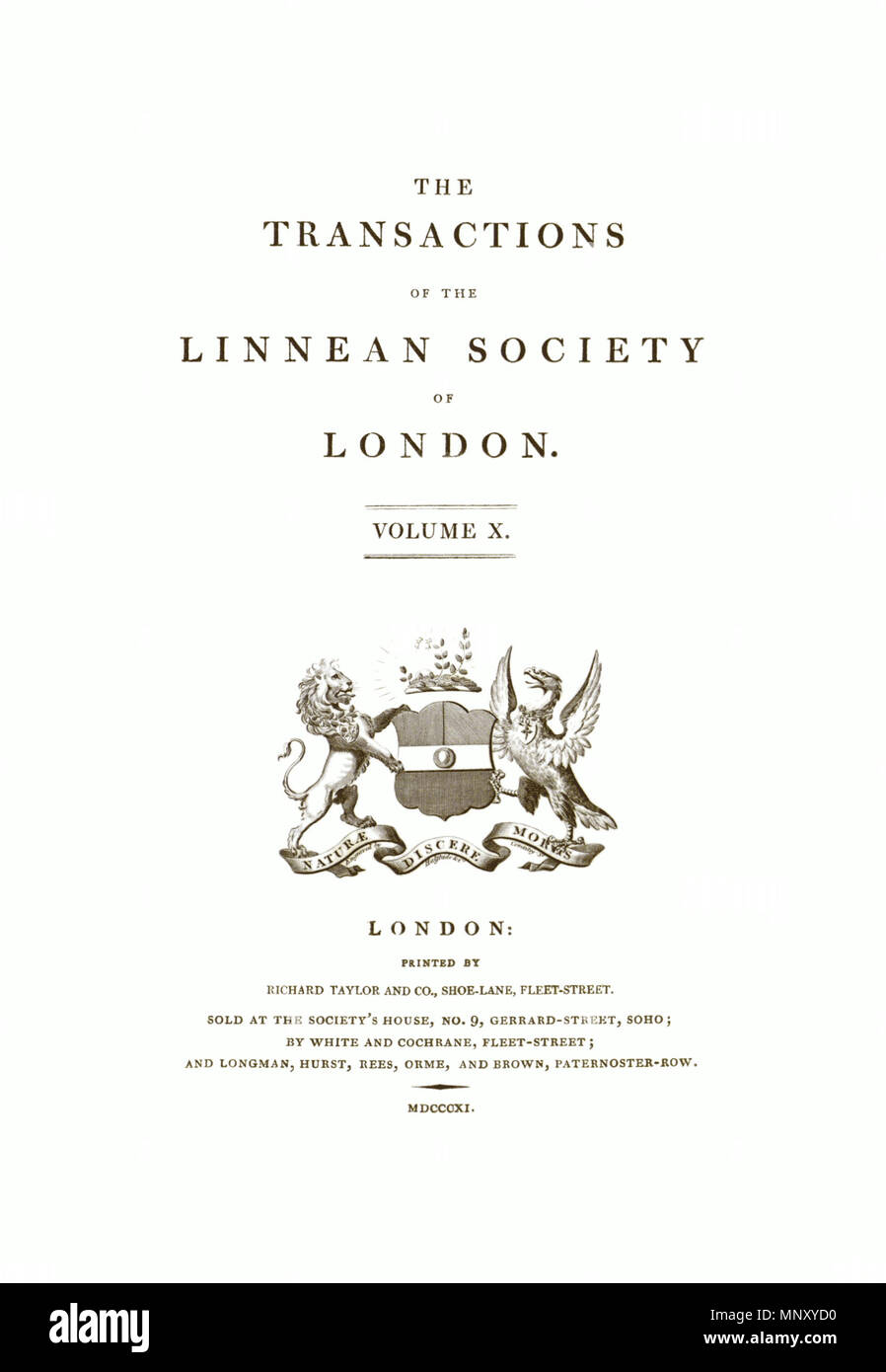 . This is a page from Volume X of Transactions of the Linnean Society of London, published in 1811. 1811. Various 1203 Transactions of the Linnean Society of London, Volume 10 - p. i Stock Photo