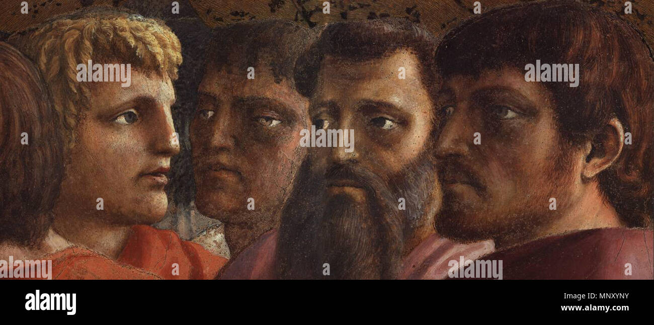 . Section from The Tribute Money by Masaccio, showing (possibly) Judas (2nd from left) and Masaccio as Thomas (right). 1420s.   Masaccio  (1401–1428)      Alternative names Birth name: Tommaso di Ser Giovanni di Simone  Description painter  Date of birth/death 21 December 1401 1428  Location of birth/death San Giovanni Valdarno Rome  Work location Florence  Authority control  : Q5811 VIAF: 7368513 ISNI: 0000 0001 2119 1860 ULAN: 500026649 LCCN: n79006973 NLA: 35332383 WorldCat 1204 Tribute Money2 Stock Photo