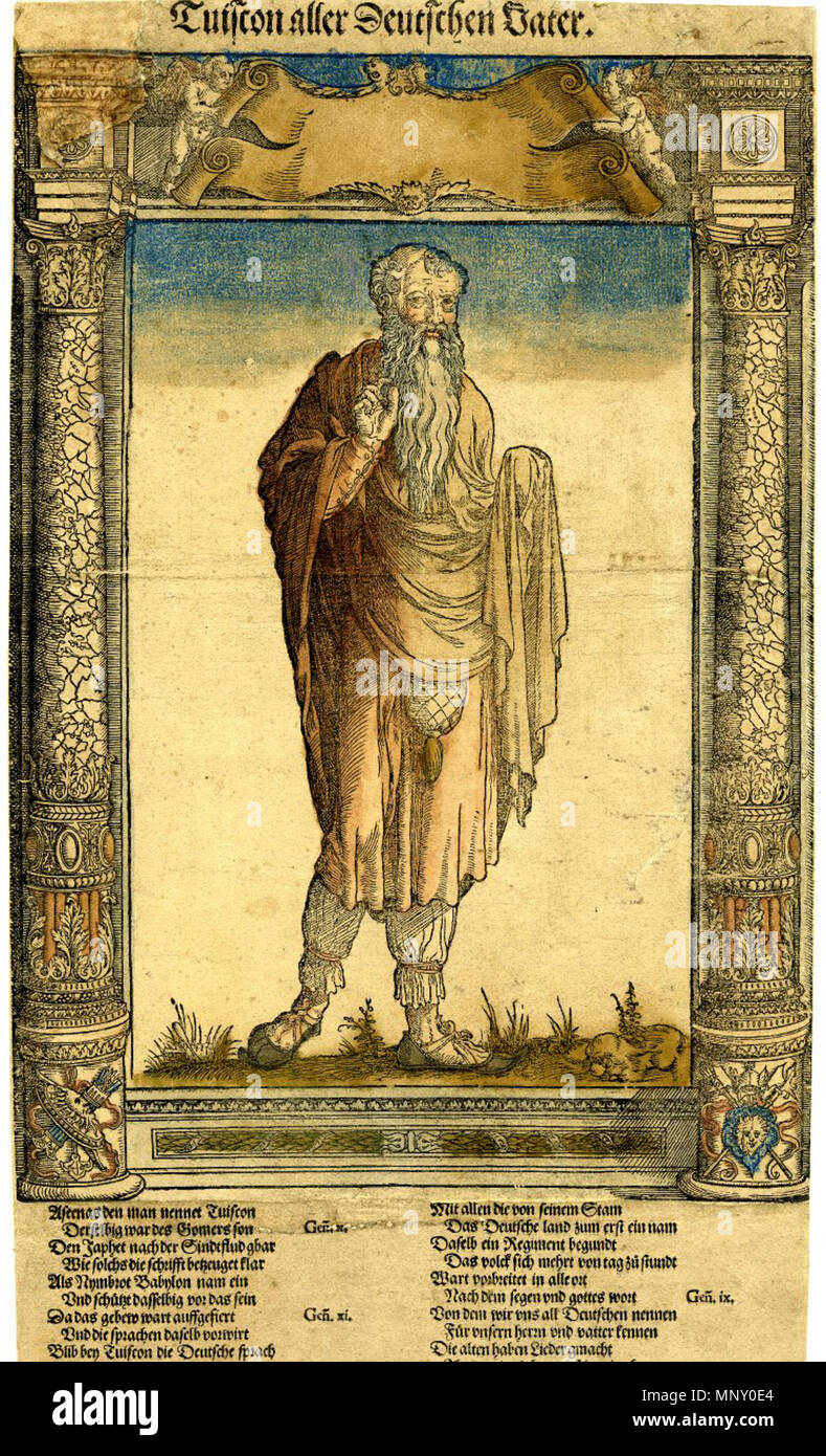 . English: Broadside on the mythical Germanic patriarch Tuiscon, depicted here as a whole-length, standing figure wearing a pale cloak and a long, white beard. A dense mass of clouds nearly fill the sky behind him. The scene is a hand-cloured woodcut by Nikolaus Stör, bounded by a columns and other architectural elements illustrated by Peter Flötner. The legend below is a letterpress verse by Burkhard Waldis. One print in a series of 12 broadsides on early Germanic kings. 1543. Burkhard Waldis, Nikolaus Stör, Peter Flötner 1208 Tuiscon Stock Photo