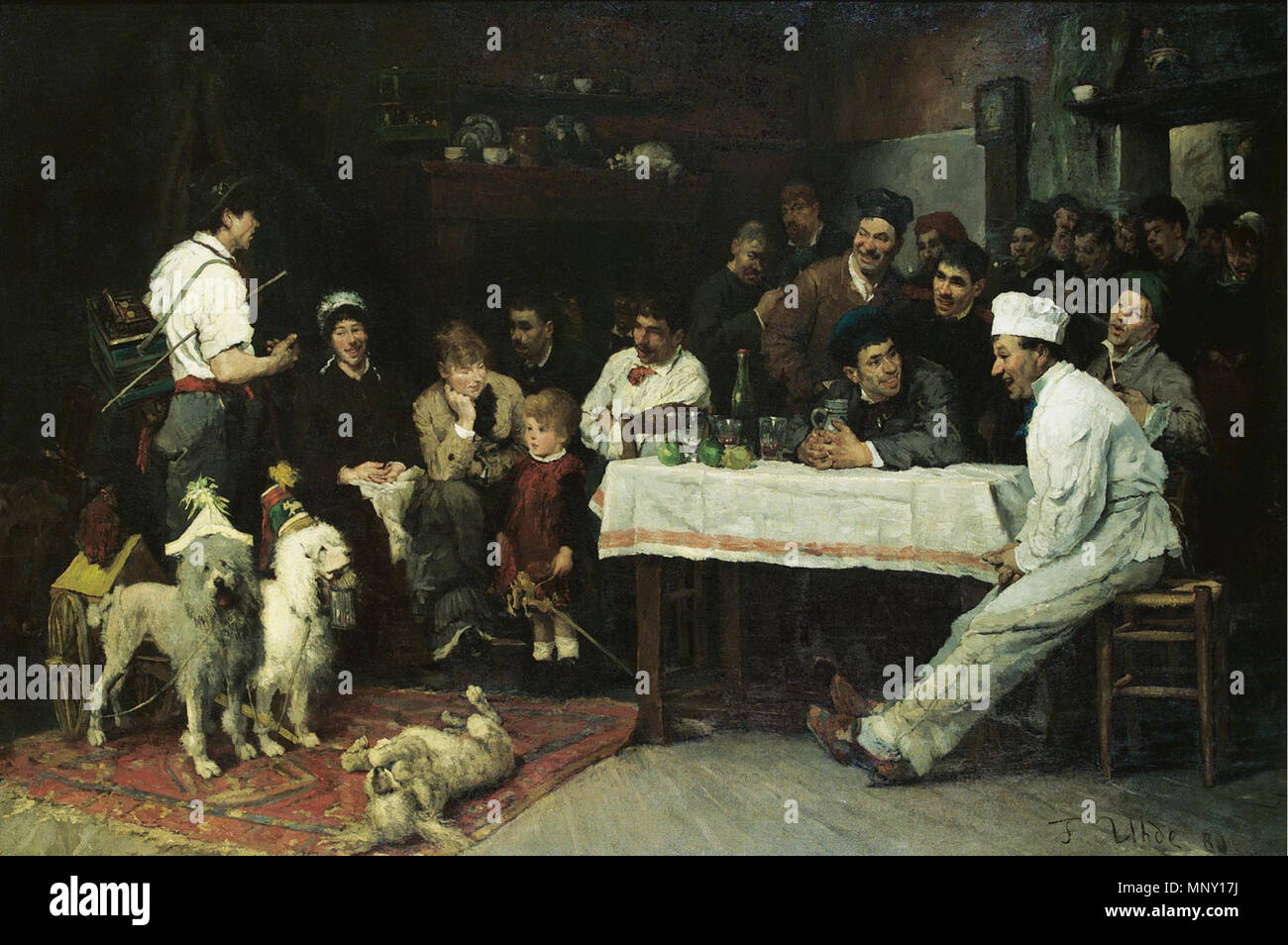 The performing dogs   1880.   1211 Fritz von Uhde - Die gelehrigen Hunde (1880) Stock Photo
