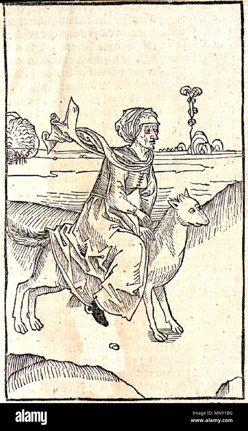 . Deutsch: Holzschnitt 4: 'Hexe reitet auf einem Wolf' . circa 1489. Holzschnitt von Johann Zainer 1212 Ulrich Molitoris Von den Unholden 4 Reiten auf dem Wolf Stock Photo