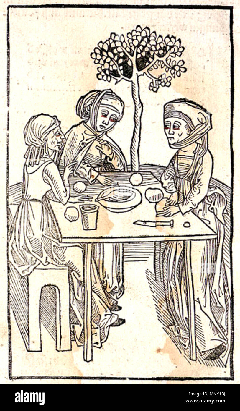. Deutsch: Holzschnitt 7: 'Hexenmahl': Drei Hexen finden sich zum Mahl zusammen. circa 1489. Holzschnitt von Johann Zainer 1212 Ulrich Molitoris Von den Unholden 7 Hexenmahl Stock Photo