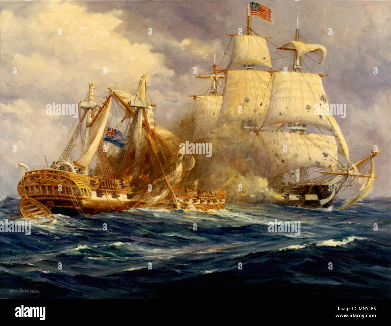 . English: painting by Anton Otto Fischer depicting the first victory at sea by USS Constitution over HMS Guerriere . Unknown date. Anton Otto Fischer 1216 USS Constitution v HMS Guerriere Stock Photo