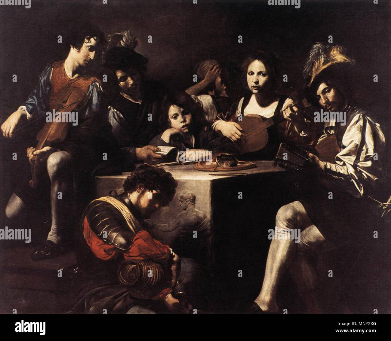 The concert at the bas-relief (Le Concert au bas-relief) between 1622 and 1625. 1219 Valentin-de-boulogne-concert-louvre Stock Photo