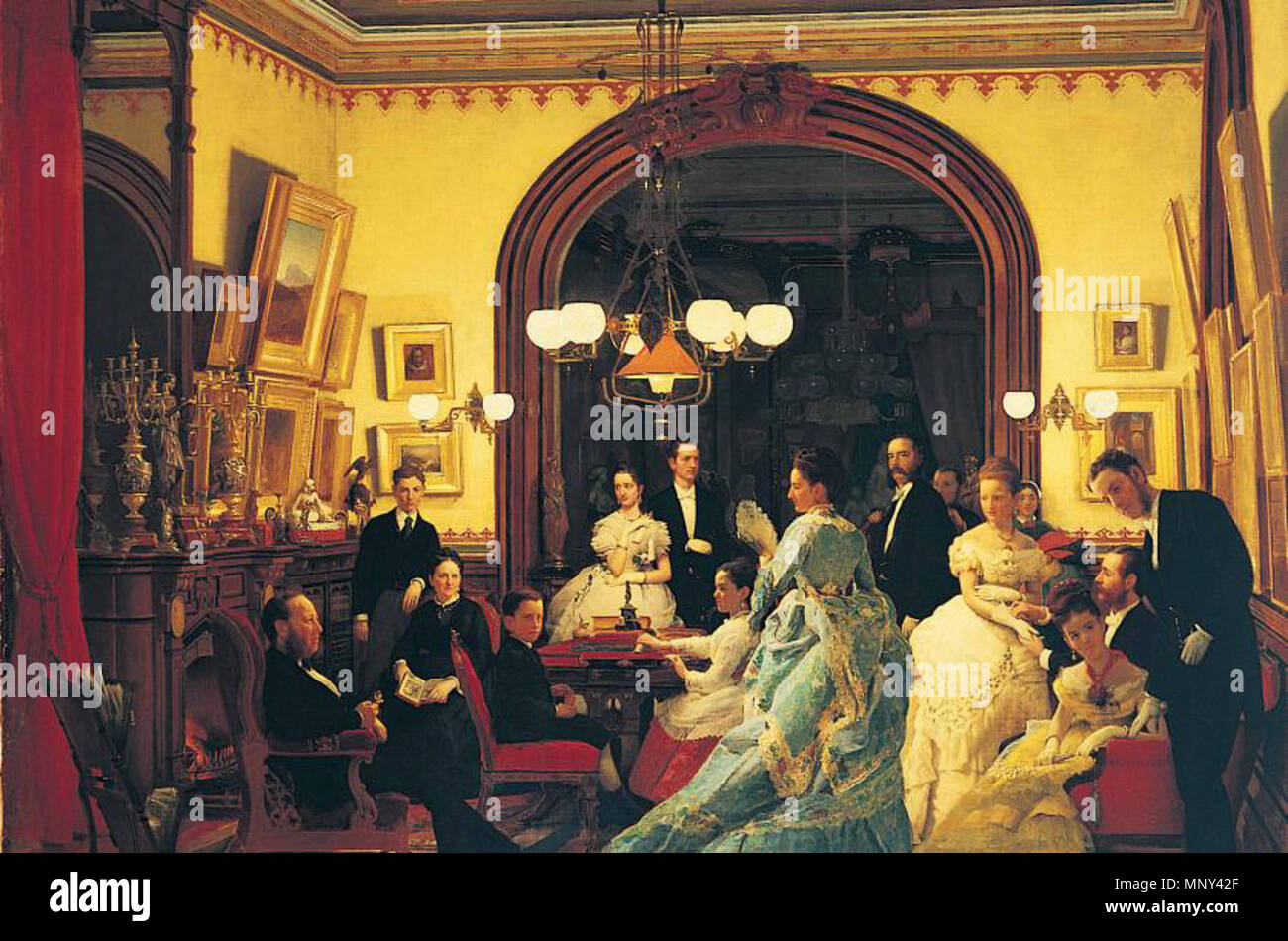 .  English: 'Going to the Opera', a painting by Seymour Guy, shows the members of the wealthy Vanderbilt waiting for the carriage to go to the opera. Alternate photograph of the painting, showing more detail. Other version here: File:Vanderbilt family 1874.jpg . 1874.   1224 Vanderbilt family 1874a Stock Photo