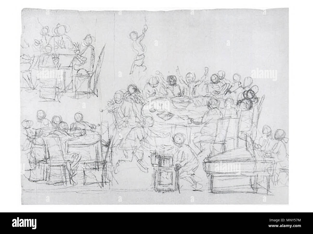 . English: A Sketch or View of the Company [Rose and Crown Club] as are Together when they Celebrate there Kalendae or Mounthly Computations. Original sketch is in red chalk. circa 1724. George Vertue 1231 Vertue Rose and Crown sketch Stock Photo