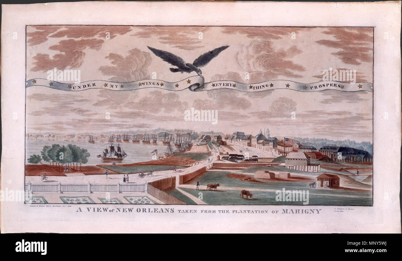 . New Orleans in 1803. 'Under My Wings Every Thing Prospers' by New Orleans artist J. L. Bouqueto de Woiseri, to celebrate his pleasure with the Louisiana Purchase and his expectation that economic prosperity would result under U.S. administration. US eagle hovers above a view of the city holding in its beak a banner reading 'UNDER MY WINGS EVERY THING PROSPERS'. View of the city's looking upriver from the riverfront of the Marigny plantation. 1803. J. L. Bouqueto de Woiseri 1234 View of New Orleans Under My Wings Every Thing Prospers Stock Photo