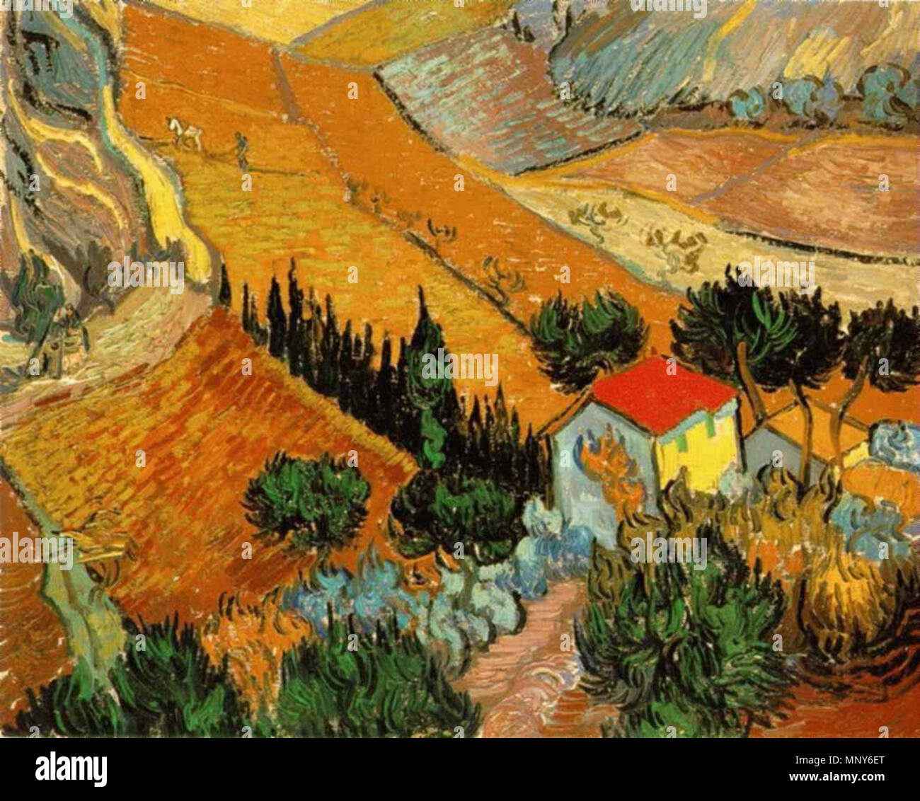 Landscape with House and Ploughman . English: Oil painting reproduction of  Vincent van Gogh. . 1 December 1889. 1238 Vincent van Gogh - Valley with  Ploughman Seen from Above Stock Photo - Alamy
