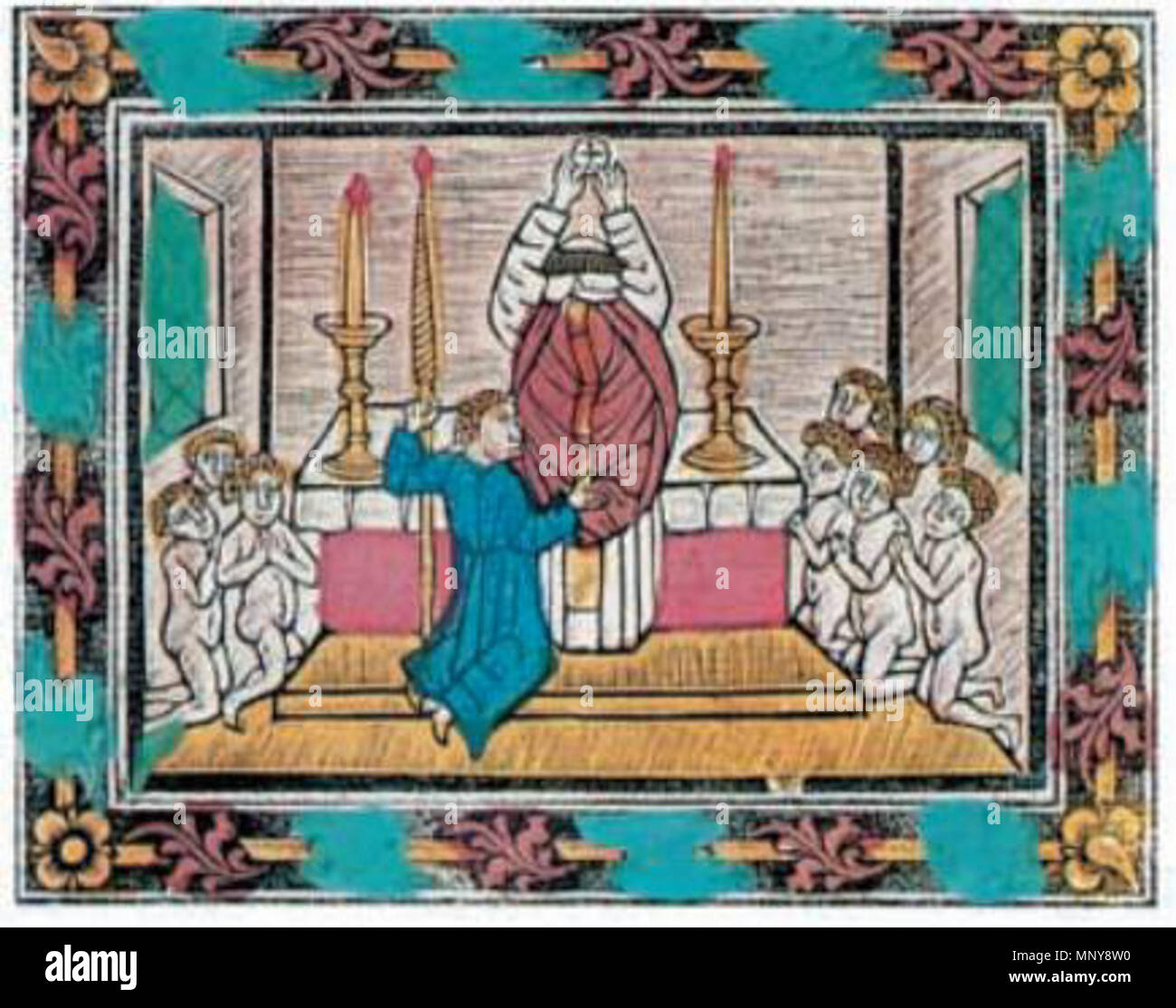 . Deutsch Miniatur zur Hl. Messe, mit Wandlungskerze . 1479. Johannes