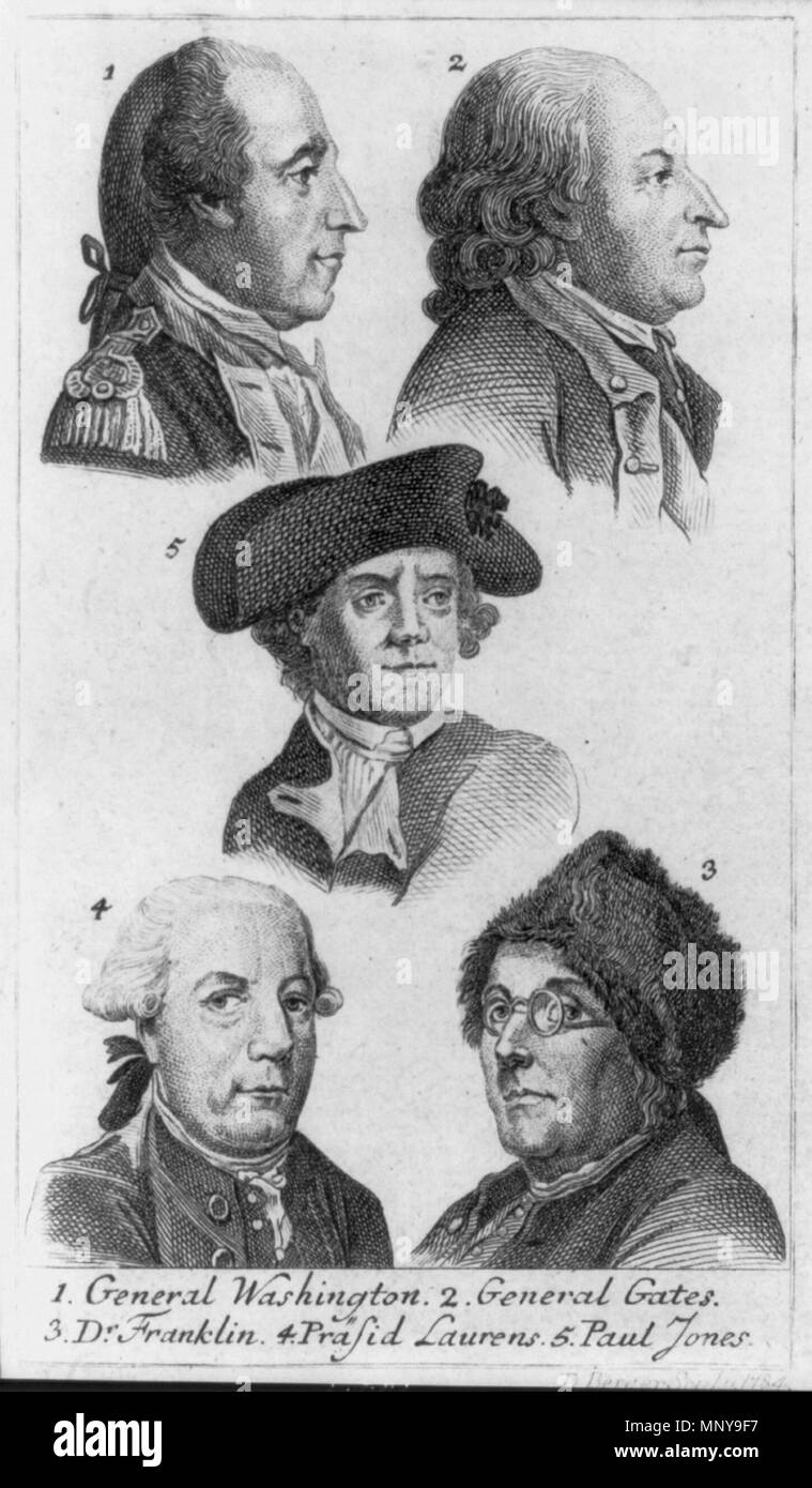 . English: 1. General Washington 2. General Gates 3. Dr. Franklin 4. Präsid Laurens 5. Paul Jones / D. Berger sculp. 1784. Etching shows head-and-shoulders portraits, of George Washington and Horatio Gates, right profile, Benjamin Franklin, facing left, and Henry Laurens and John Paul Jones, facing right. Illus. in: Allgemeines historisches taschenbuch ... / Matthias Christian Sprengel. Berlin : Haude und Spener 1784 p. 182 ff. 1784. D.Berger (sculpt.) 1252 Washington Gates Franklin Laurens Jones 1784 Stock Photo