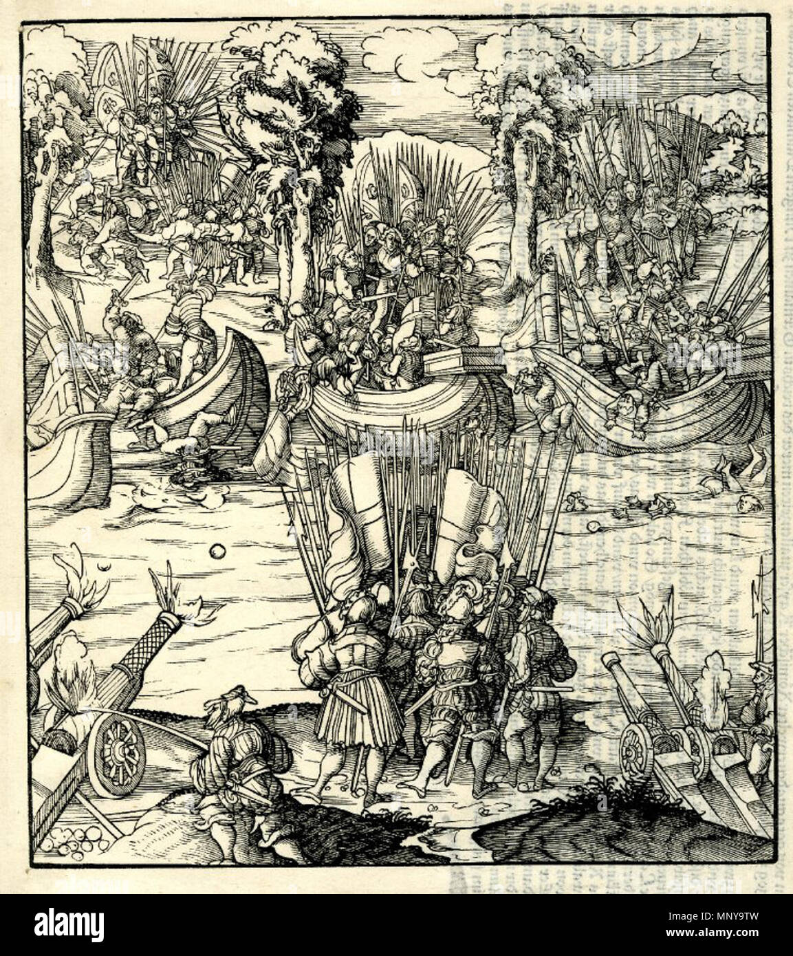 English A Sea Battle Three Boats On A River Laden With Troops