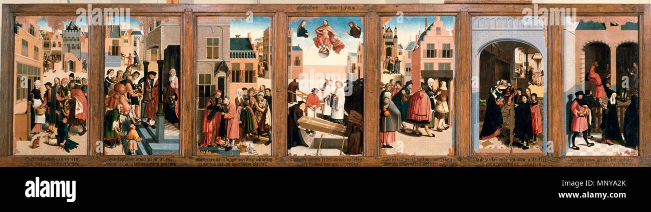 The Seven Works of Charity. Alternative title(s): Polyptych with the seven works of charity.[1]   1504.   1255 Werken van Barmhartigheid, Meester van Alkmaar (1504) Stock Photo