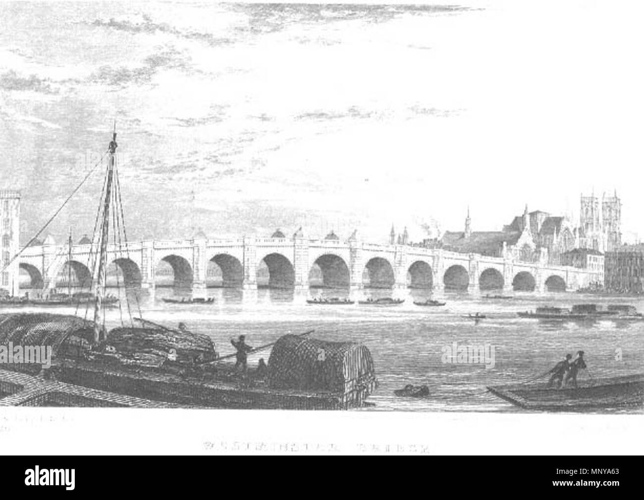 . English: The first Westminster Bridge. circa 1830. Thomas H Shepherd (1792 - 1864) 1256 Westminster Bridge by Thomas Shepherd, c.1830 Stock Photo