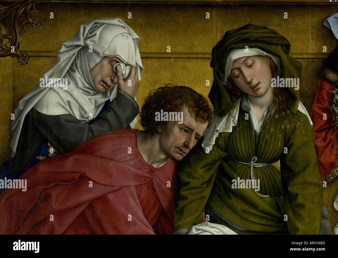 English: Descent from the Cross - Detail mourning people, left side (l.t.r. Mary of Clopas, Saint John the Evangelist and Mary Salome)    .   1256 Weyden, Rogier van der - Descent from the Cross - Detail Mary of Clopas, Saint John the Evangelist and Mary Salome Stock Photo