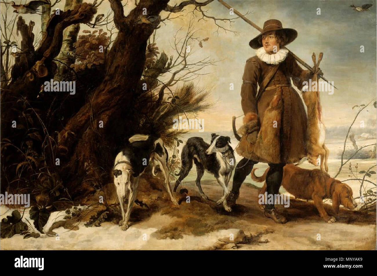 Hunter in a Winter Landscape with Dogs . Winter Landscape with Hunter . 1624.   1258 WILDENS Winter Landscape Stock Photo