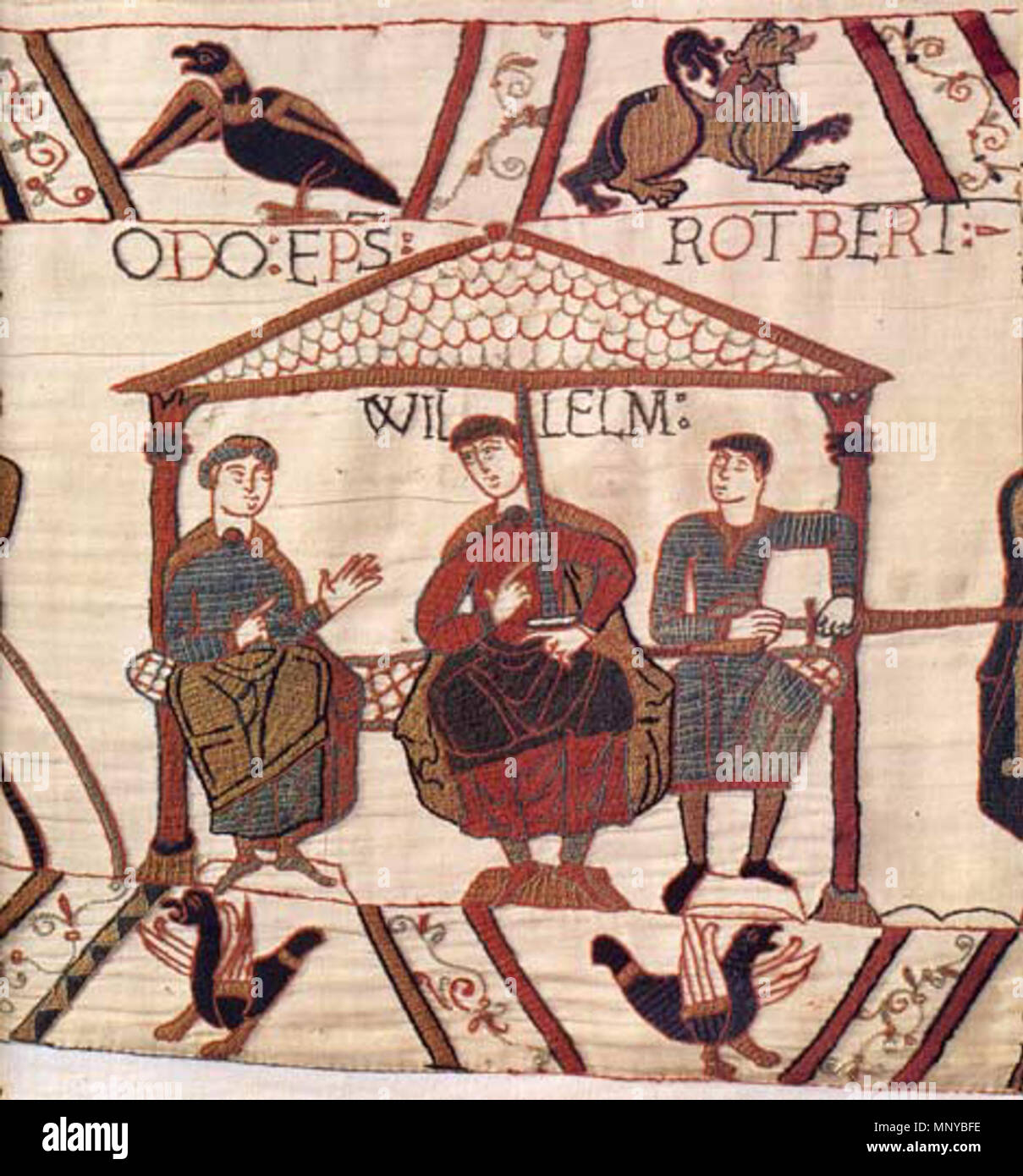 . English: William the Conqueror, Tapestry of Bayeux. Deutsch: ilhelm der Eroberer im Teppich von Bayeux, links und rechts seine Halbbrüder Odo von Bayeux und Robert . 12th century tapestry. Unknown 1262 William Bayeux2 Stock Photo