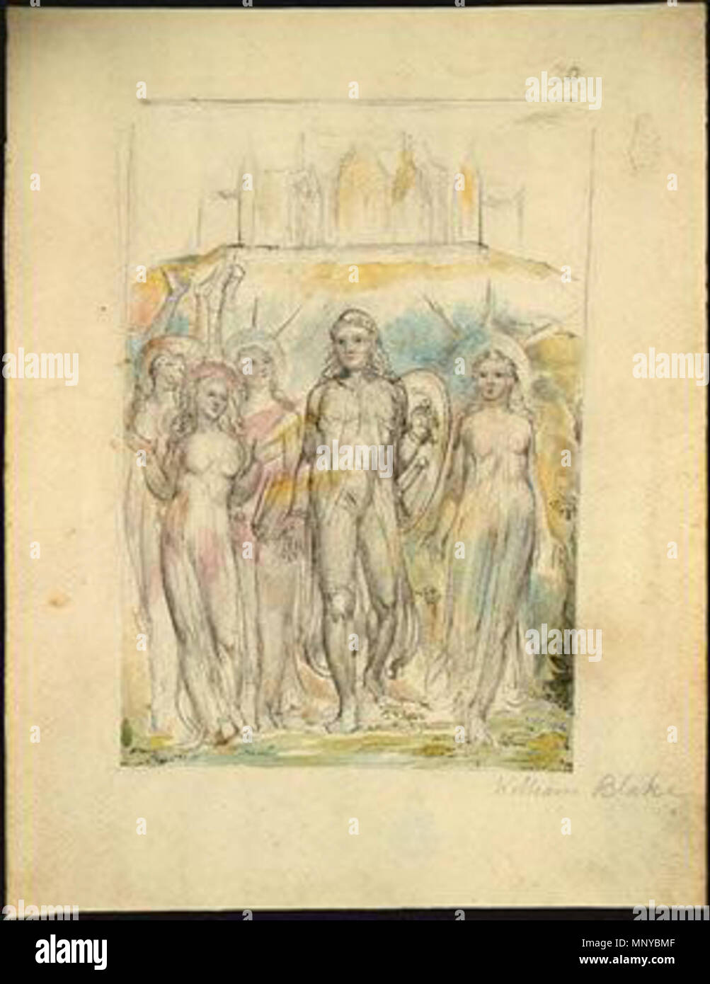 . English: William Blake - Christian with the shield of faith . 26 June 2013, 23:40:02.   William Blake  (1757–1827)       Alternative names W. Blake; Uil'iam Bleik  Description British painter, poet,, writer, theologian, collector and engraver  Date of birth/death 28 November 1757 12 August 1827  Location of birth/death Broadwick Street Charing Cross  Work location London  Authority control  : Q41513 VIAF: 54144439 ISNI: 0000 0001 2096 135X ULAN: 500012489 LCCN: n78095331 NLA: 35019221 WorldCat     This is a faithful photographic reproduction of a two-dimensional, public domain work of art. T Stock Photo