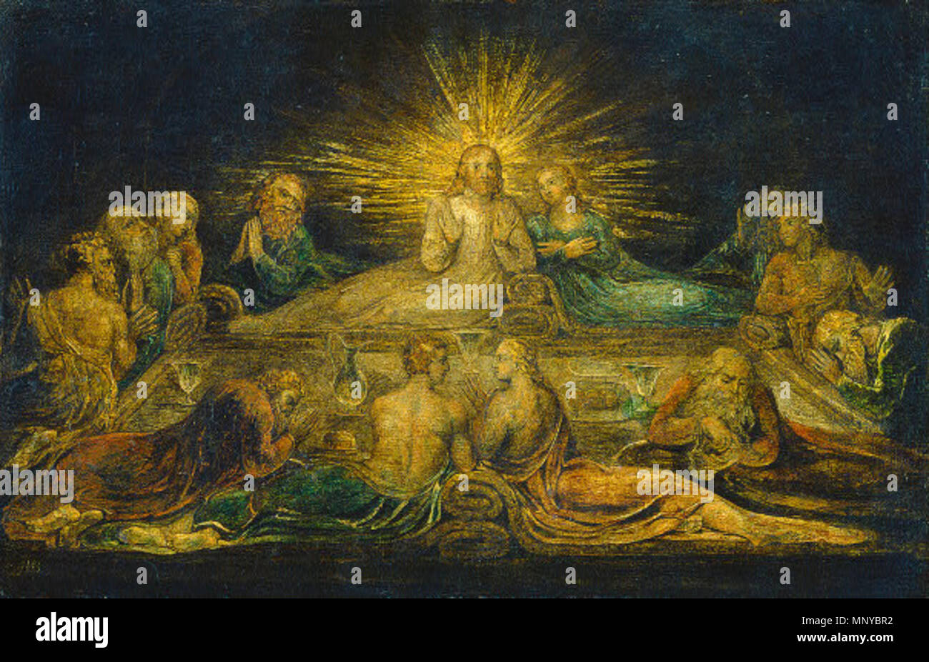 . English: William Blake The Last Supper 1799 tempera on canvas overall: 30.5 x 48.2 cm (12 x 19 in.) framed: 38.1 x 55.3 x 3.8 cm (15 x 21 3/4 x 1 1/2 in.) Rosenwald Collection 1954.13.1 Not on View . 2 April 2013, 17:50:39.   William Blake  (1757–1827)       Alternative names W. Blake; Uil'iam Bleik  Description British painter, poet,, writer, theologian, collector and engraver  Date of birth/death 28 November 1757 12 August 1827  Location of birth/death Broadwick Street Charing Cross  Work location London  Authority control  : Q41513 VIAF: 54144439 ISNI: 0000 0001 2096 135X ULAN: 500012489  Stock Photo